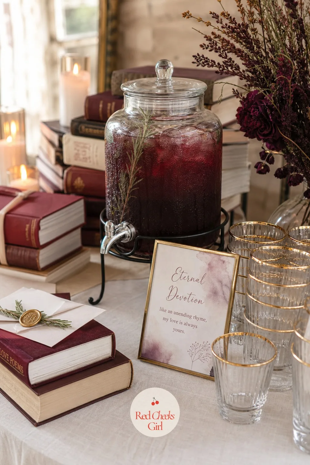 A Signature Drink Named After a Love Poem — One drink on a small sign does more work than a full bar list nobody reads. Book themed bridal shower ideas
