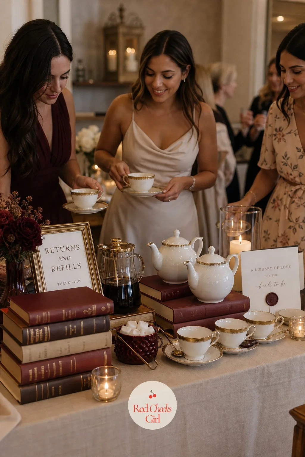 A Tea and Coffee Bar Styled Like a Returns Desk — A drinks table with mismatched mugs feels like the office break room. Book themed bridal shower ideas