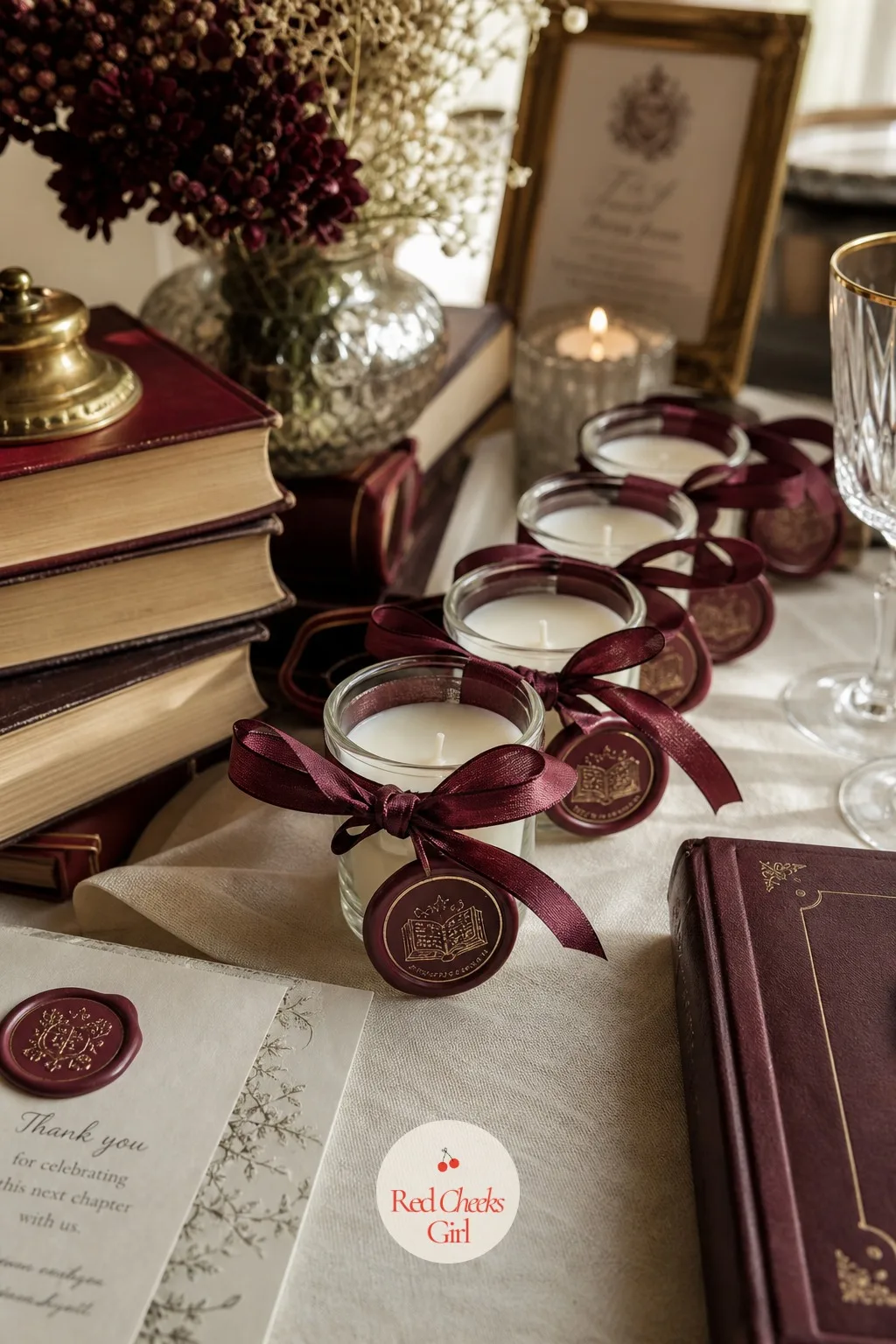 A Votive Candle Favor Closed With a Wax Seal — Candlelight runs through the whole party, so it makes sense for guests to carry a little of it home. Book themed