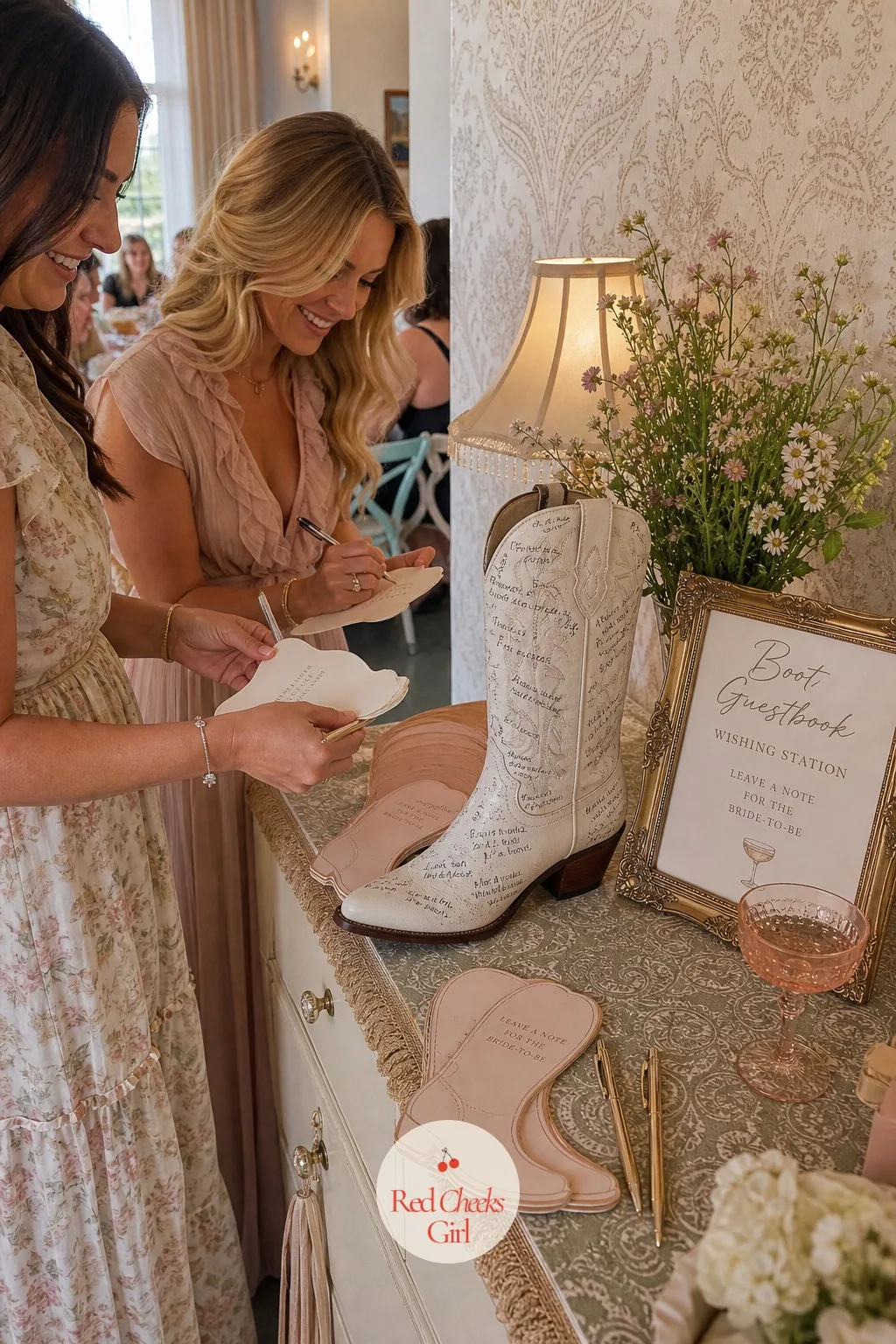 Boot Guestbook Wishing Station — Somewhere quieter than the flower bar, one oversized decorative boot stands in for the usual guestbook, and it asks far less