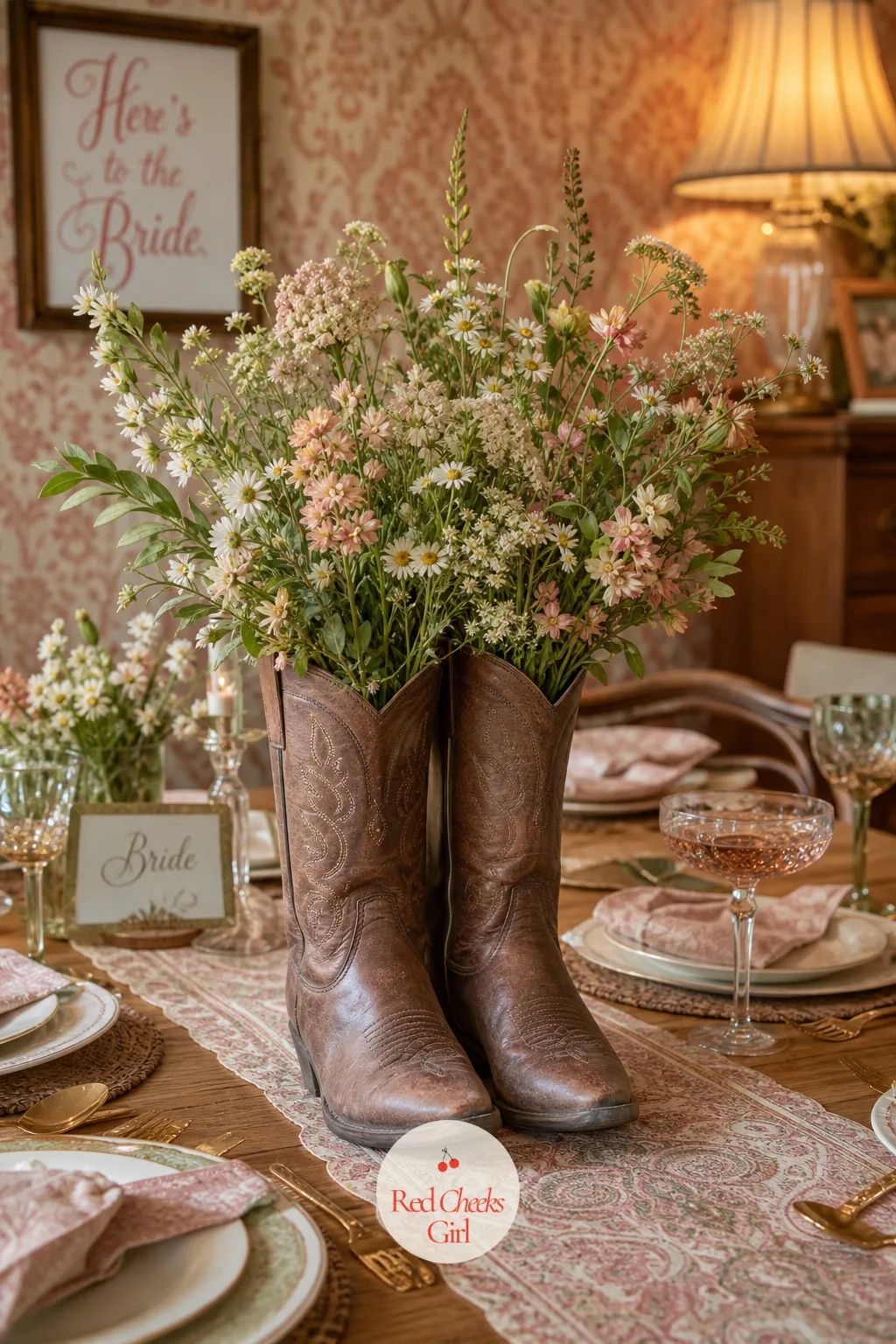 Boots Used as Flower Vases — A vase is just a vase, but a worn leather boot stuffed with wildflowers down the length of the table is the one centerpiece a