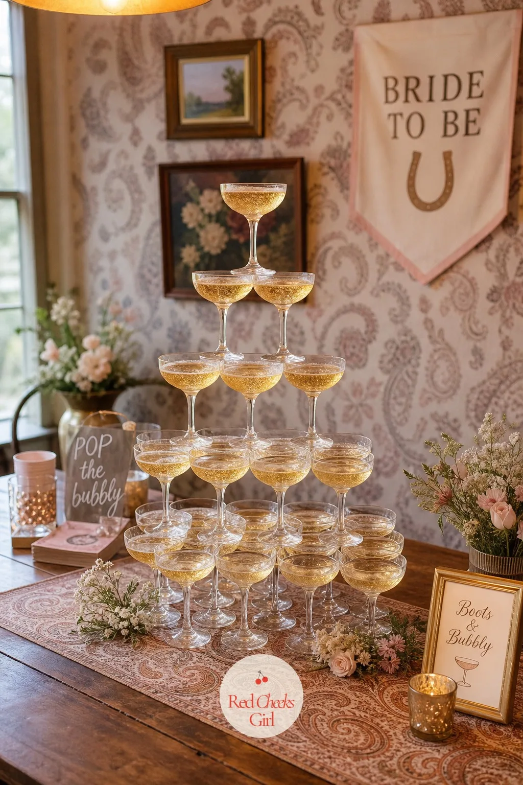 Champagne Tower — Nothing says the bubbly half of the theme like a tower of coupes catching the lamp light at the center of the table. Boots and bubbly bridal
