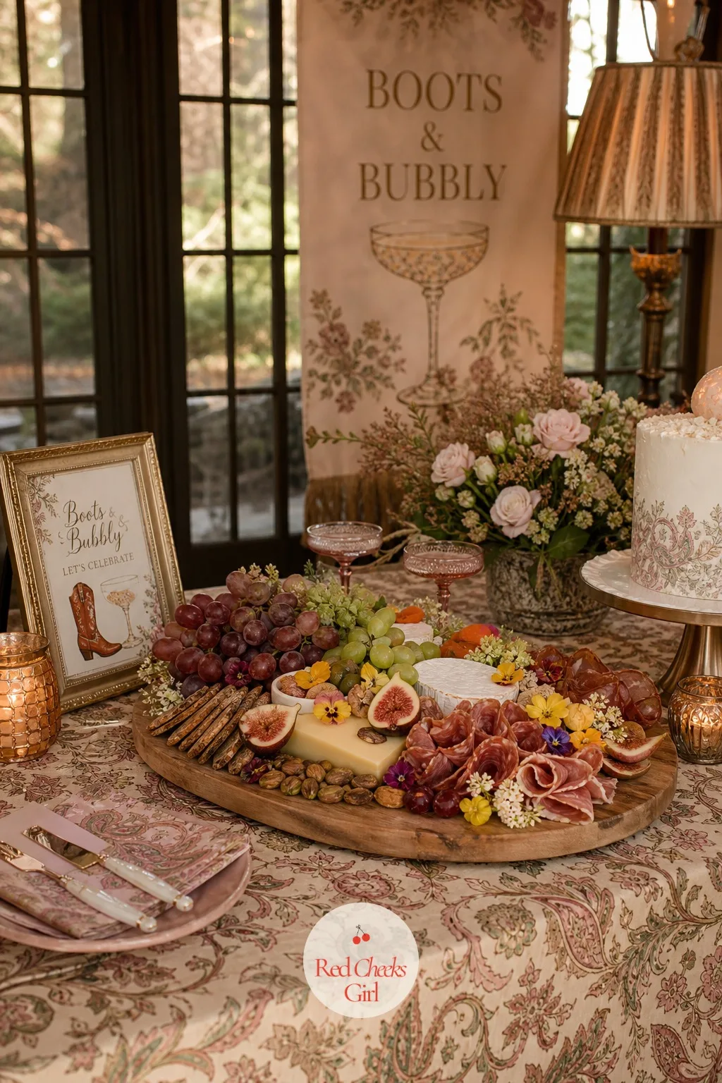 Charcuterie — Next to the cake, a grazing spread gives guests something savory to balance the sugar and the champagne, laid flat across its own stretch of the
