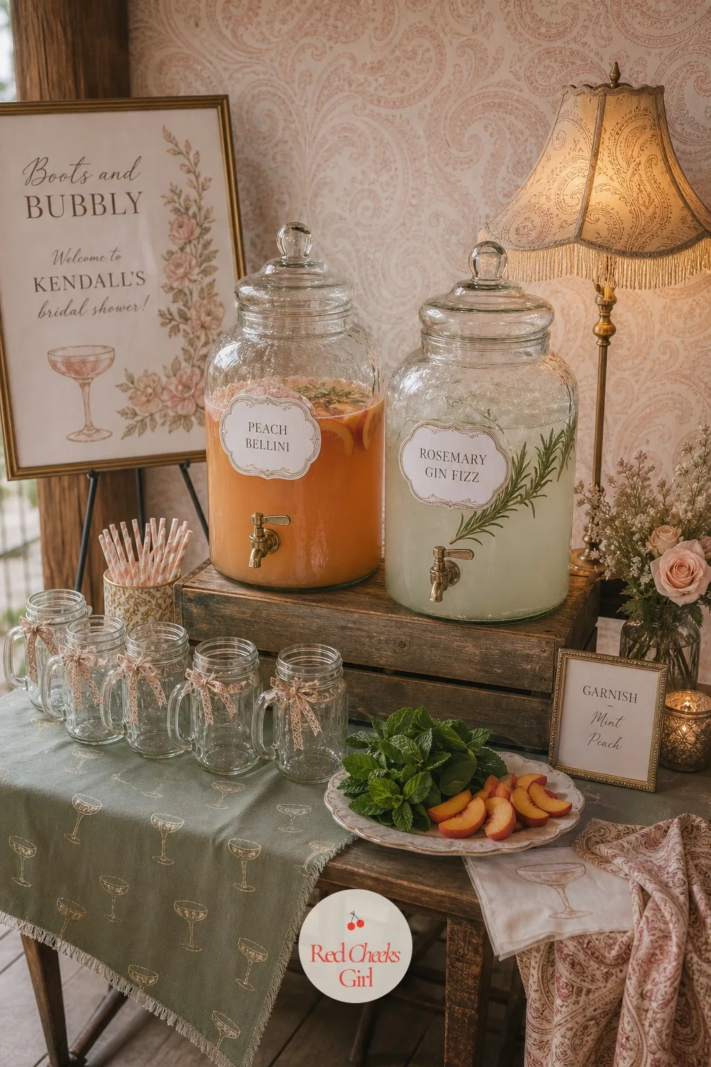 Farm-to-Table Cocktails — Past the food, a self-serve drink station keeps guests moving instead of queuing at one bartender. Boots and bubbly bridal shower