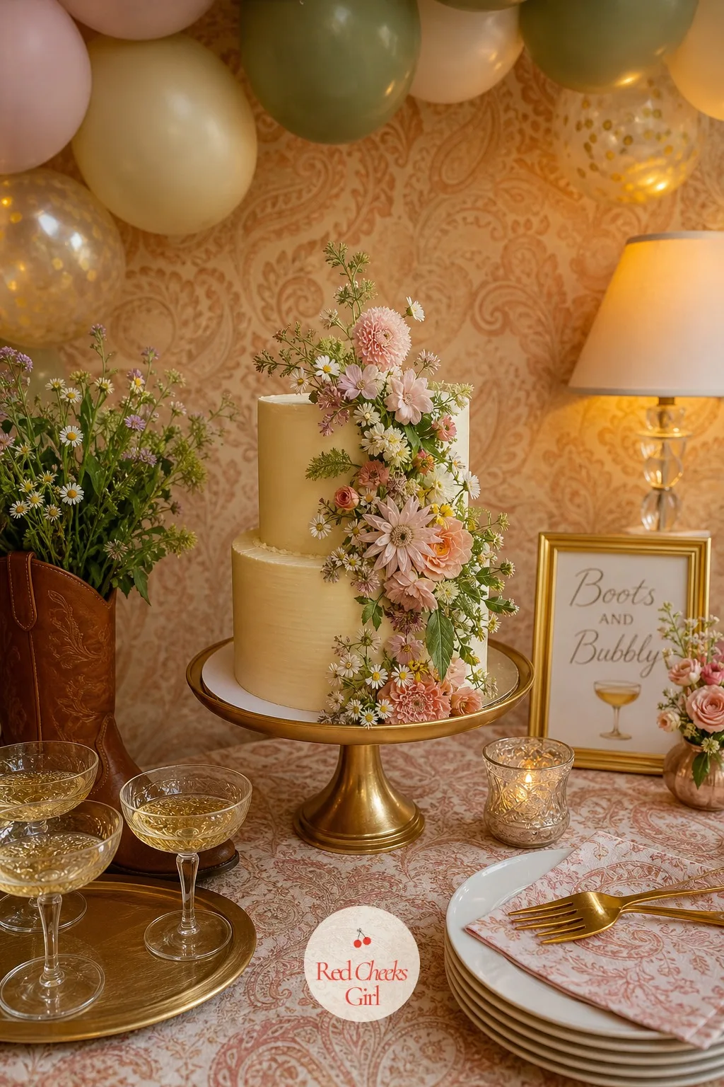 Floral Cake — Under the garland, the cake carries the softest version of the palette: a champagne buttercream finish with a cascade of real flowers down one
