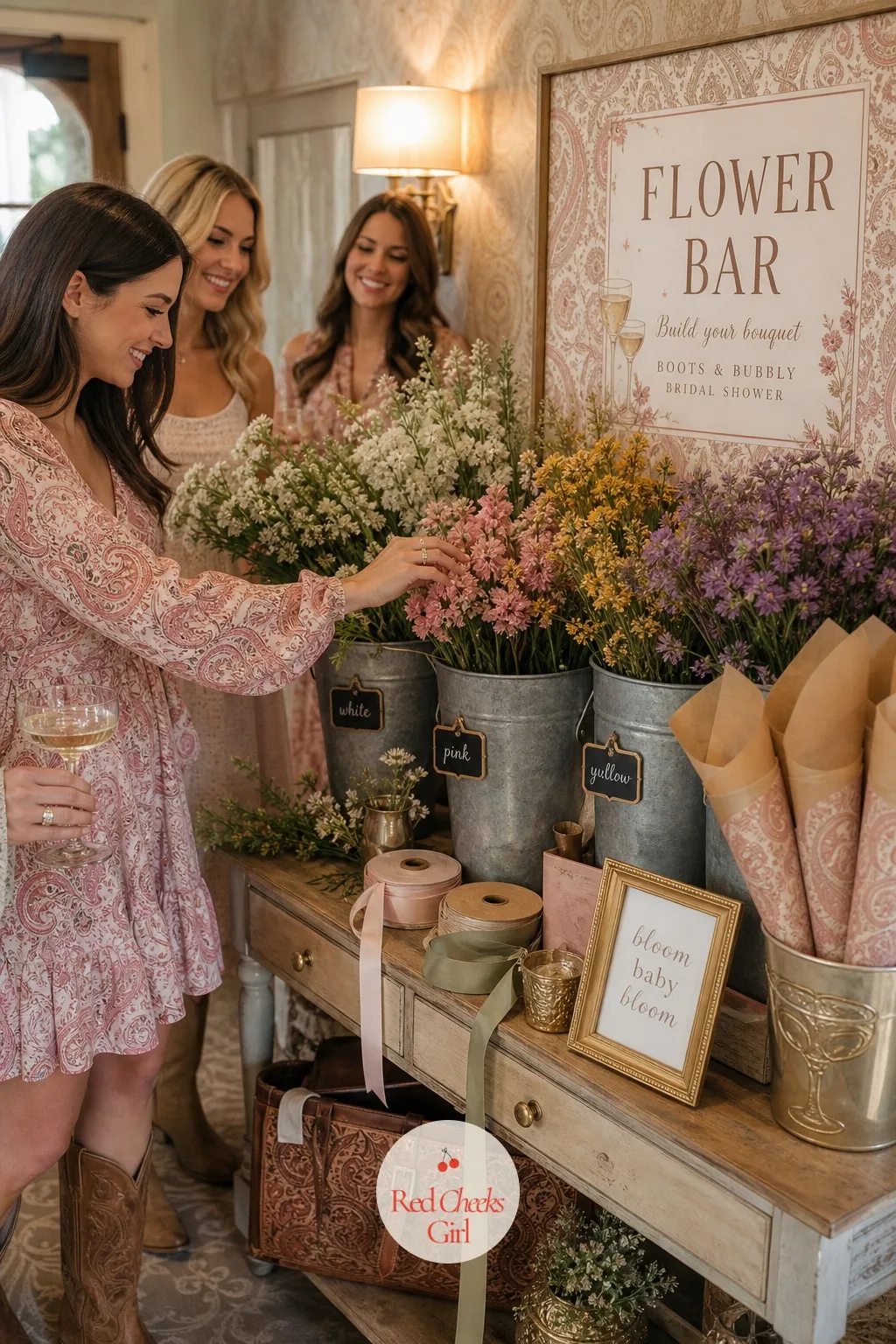 Flower Bar — Somewhere past the food, a build-your-own flower bar gives the quieter guests a reason to leave their seat without being handed a microphone.