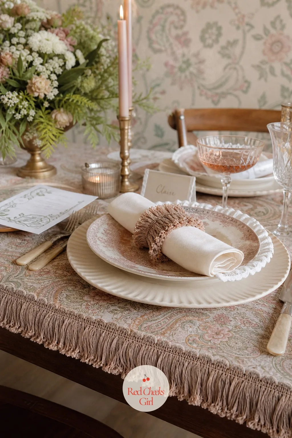 Fringe-Trimmed Details — Up close, a plain runner and plain napkins look unfinished next to the boots and the tower. Boots and bubbly bridal shower ideas