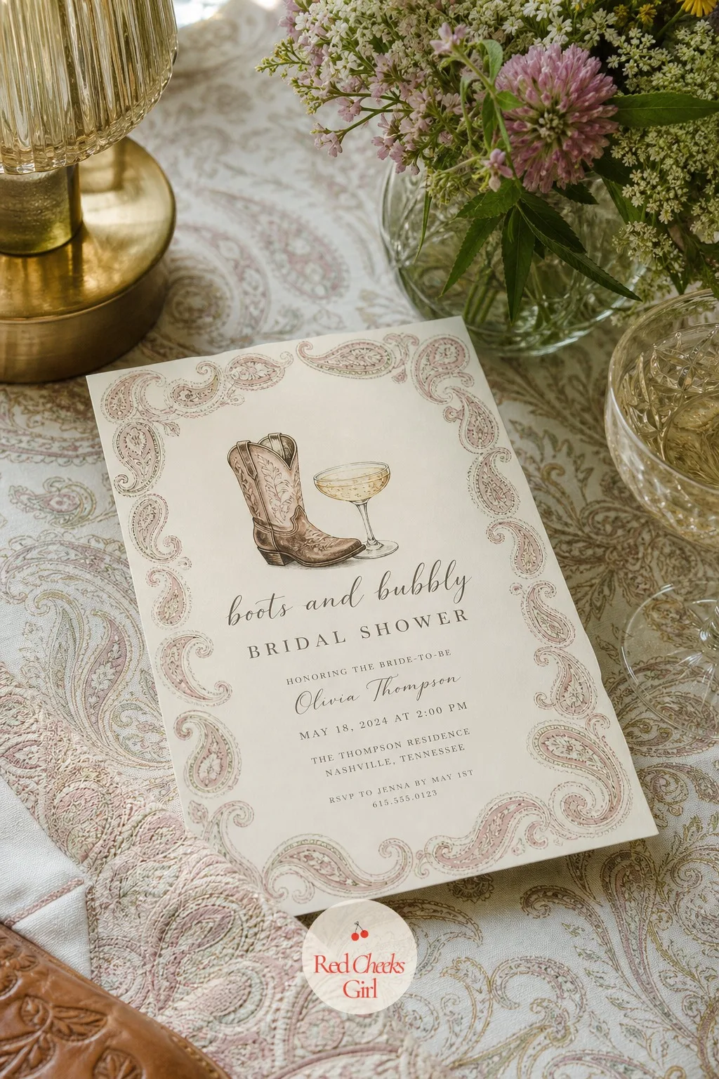 The Invitation — Before a single boot gets filled with flowers, this is the one piece every guest holds in her hand, and it sets the whole tone before she ever