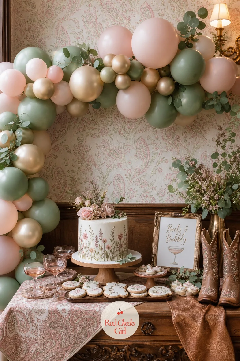 Pastel Balloon Garland — The food table needs a frame of its own, and a balloon garland arched above the spread does exactly that without stealing attention