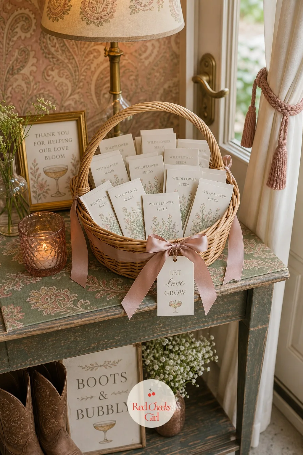 Wildflower Seed Packet Favors — By the door, a small basket of seed packets gives every guest something to plant later, long after the cake is gone. Boots and