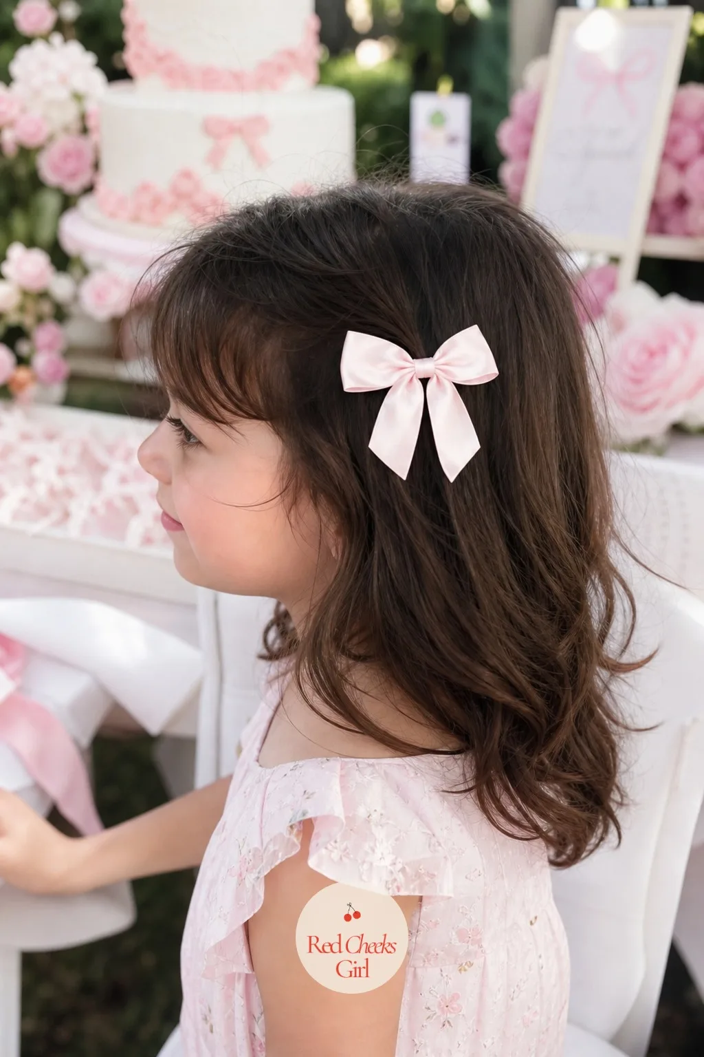 Bow Hair Clip Favor Display — A small vintage stand or a low tray holds rows of pastel satin bow hair clips, each one clipped onto a ribbon strip stretched