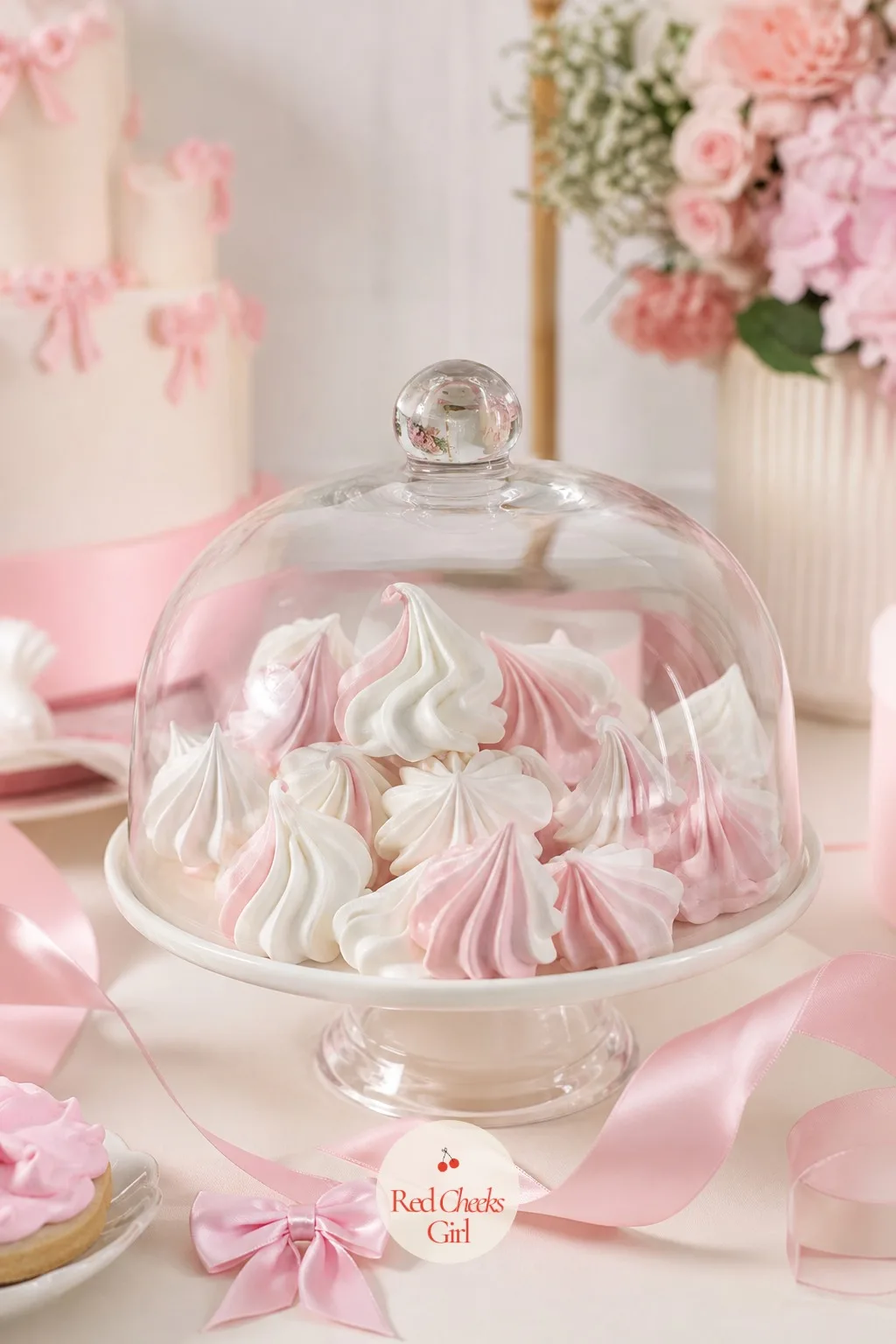 Bow Meringue Kisses Under a Glass Dome — Small meringue kisses, piped into tight swirled peaks in alternating pink and white, bake low and slow until crisp