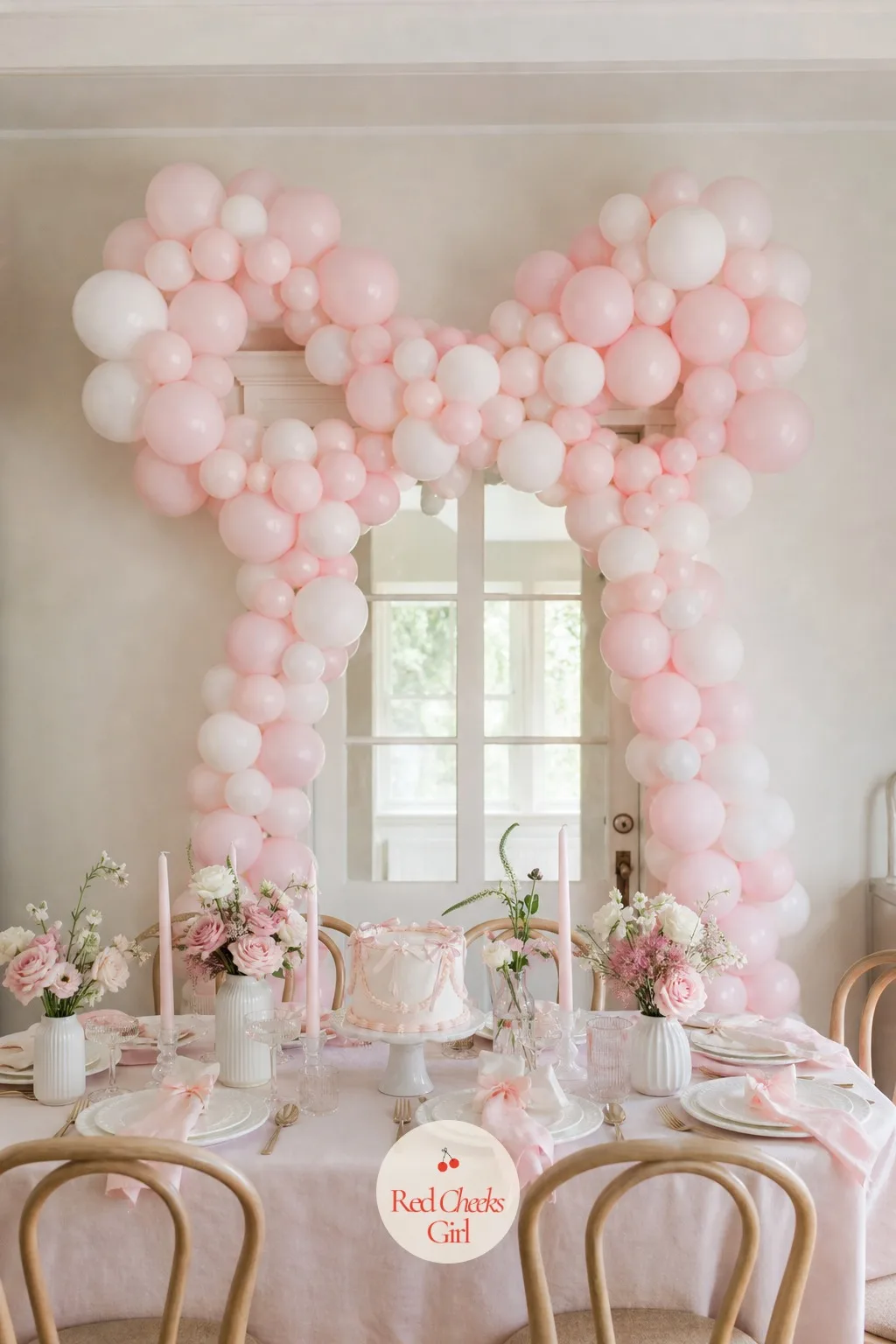 Bow Shaped Balloon Garland — No wall to spare, or no ladder in the house. Bow birthday party ideas