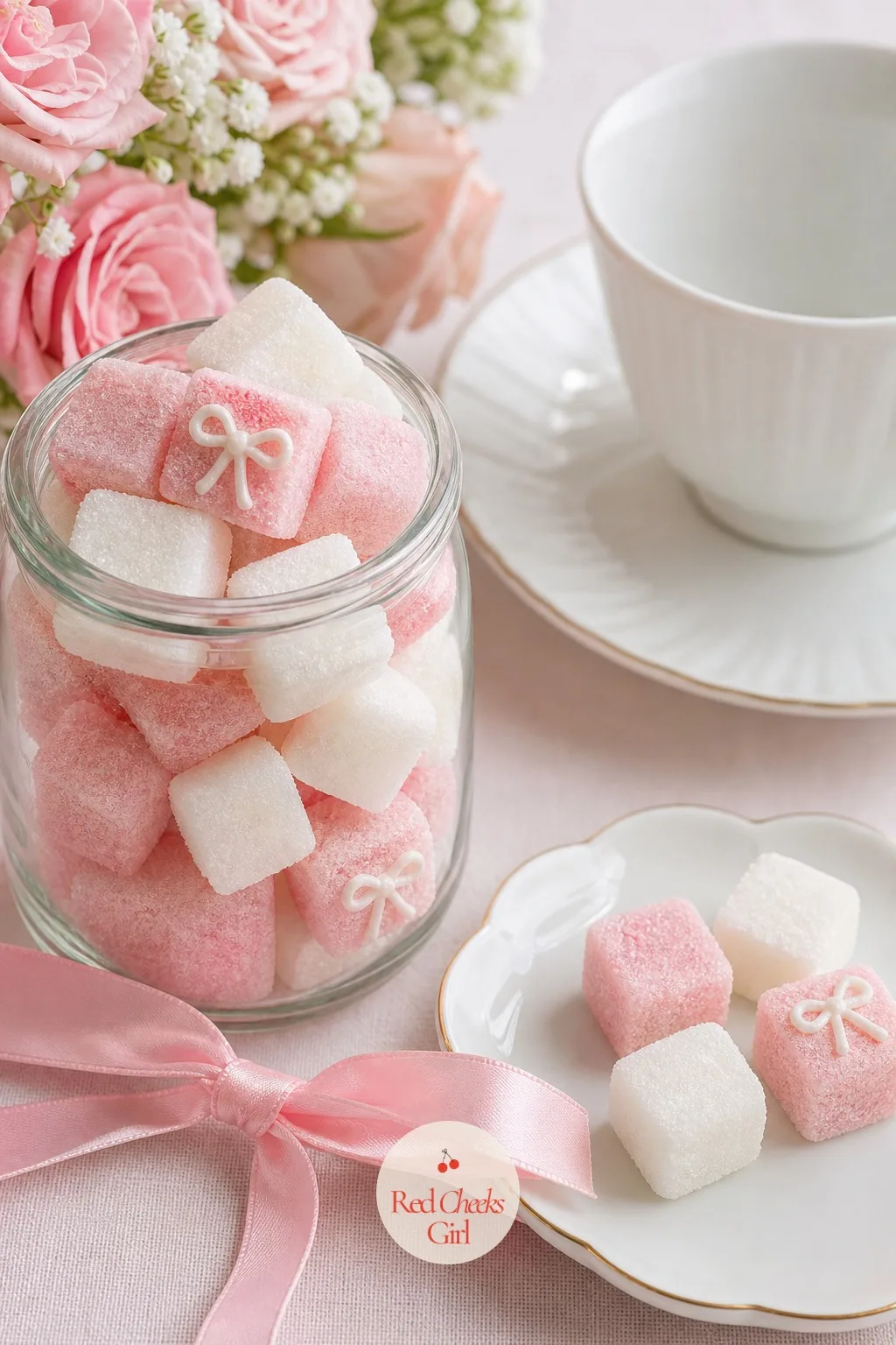 Bow Sugar Cubes for Tea — Pressed sugar cubes, some left plain white and some tinted the palest pink, sit in a small glass jar or shallow tray set out beside a