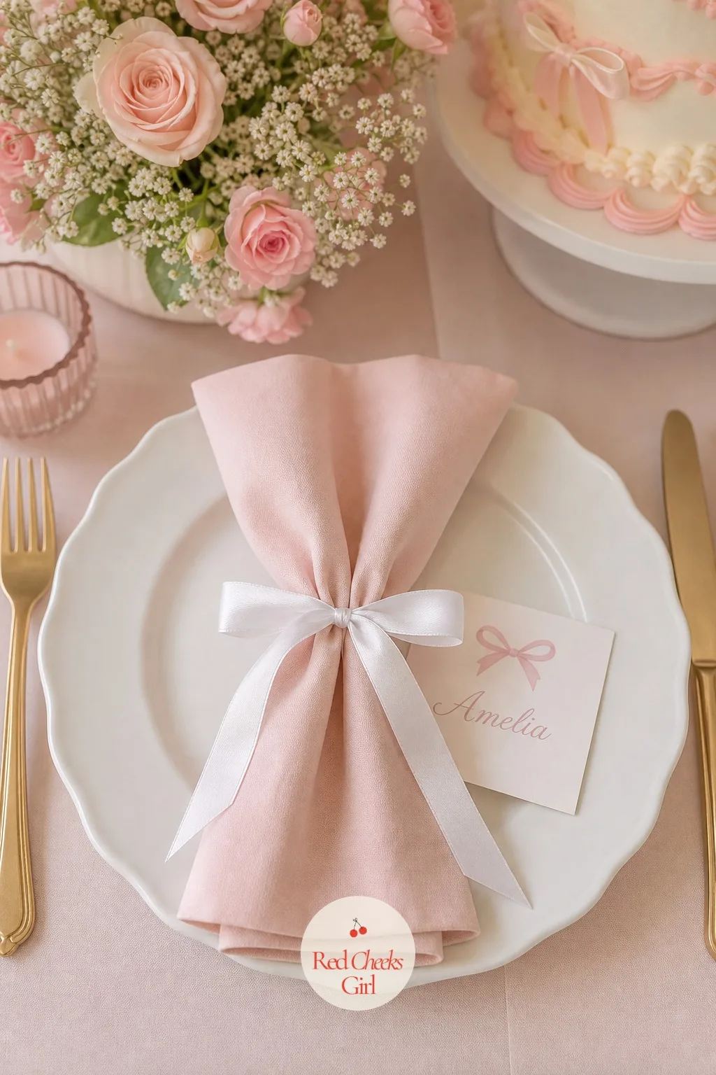 Bow Themed Place Settings — A plain white plate holds a folded pastel napkin, tied at the centre with a thin ribbon finished in a small bow rather than a knot