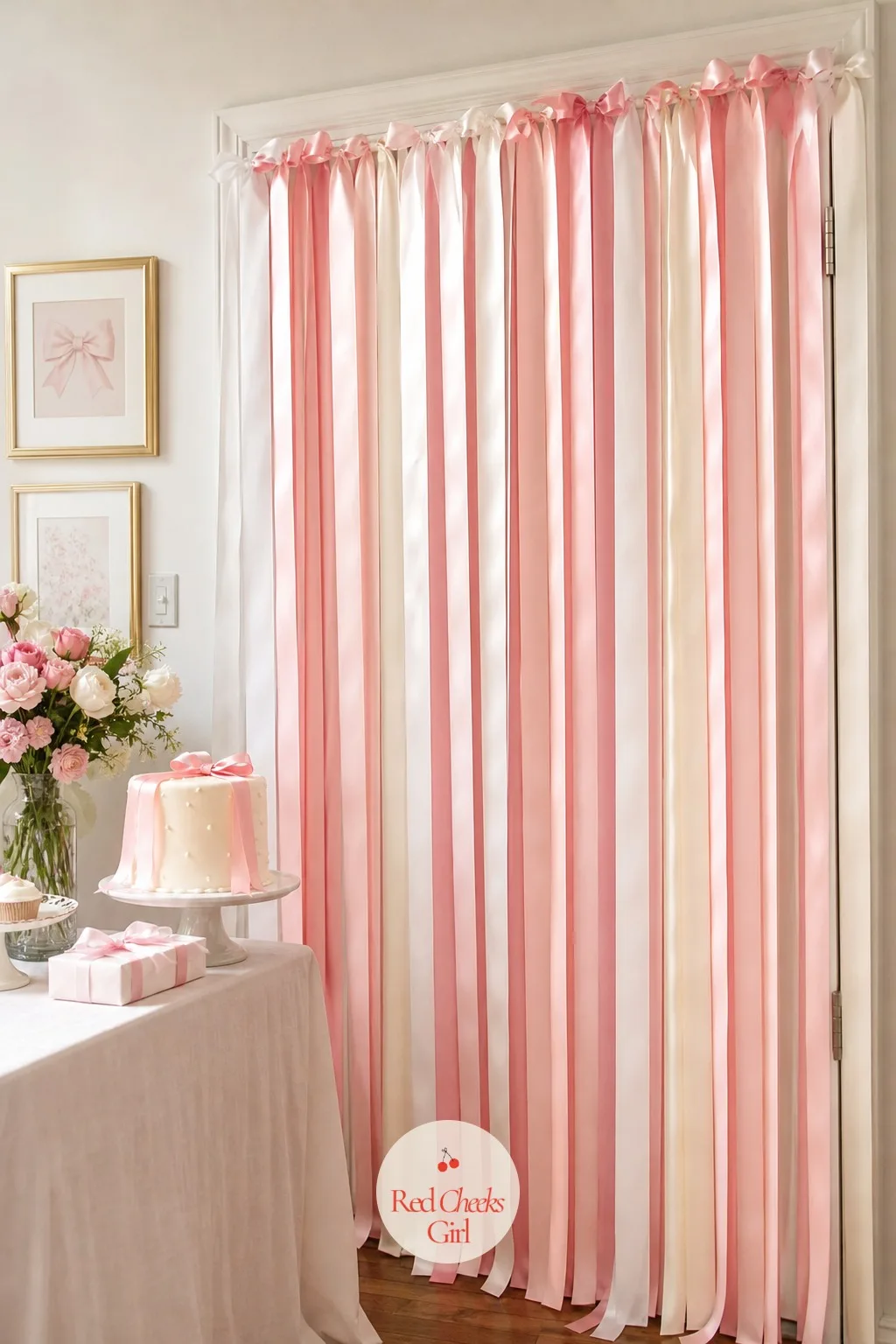 Cascading Ribbon Curtain Backdrop — Hung from a cheap tension rod or a length of curtain wire, rows of satin ribbon in pink, white and ivory fall straight to