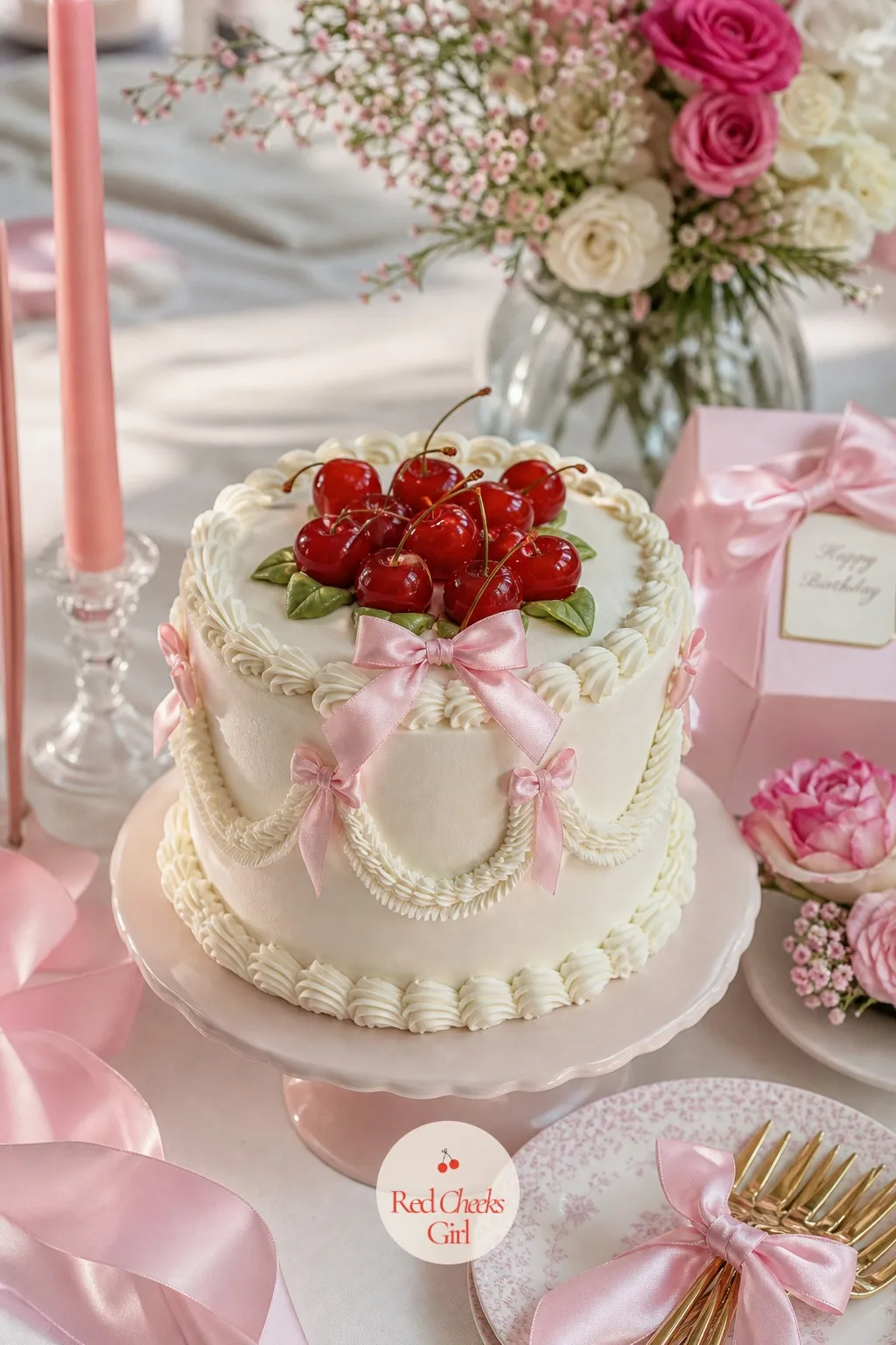Cherry and Bow Cake — A white or pale pink iced cake carries a cluster of glace cherries piled at the top, a few piped cherry stems and leaves worked in