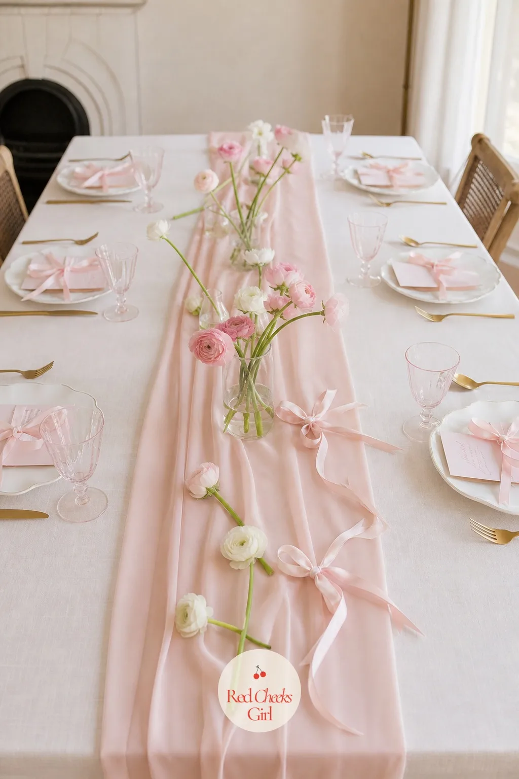 Floral and Ribbon Table Runner — A narrow fabric runner lies down the centre of the table, loose stems of ranunculus and garden roses in blush and white laid