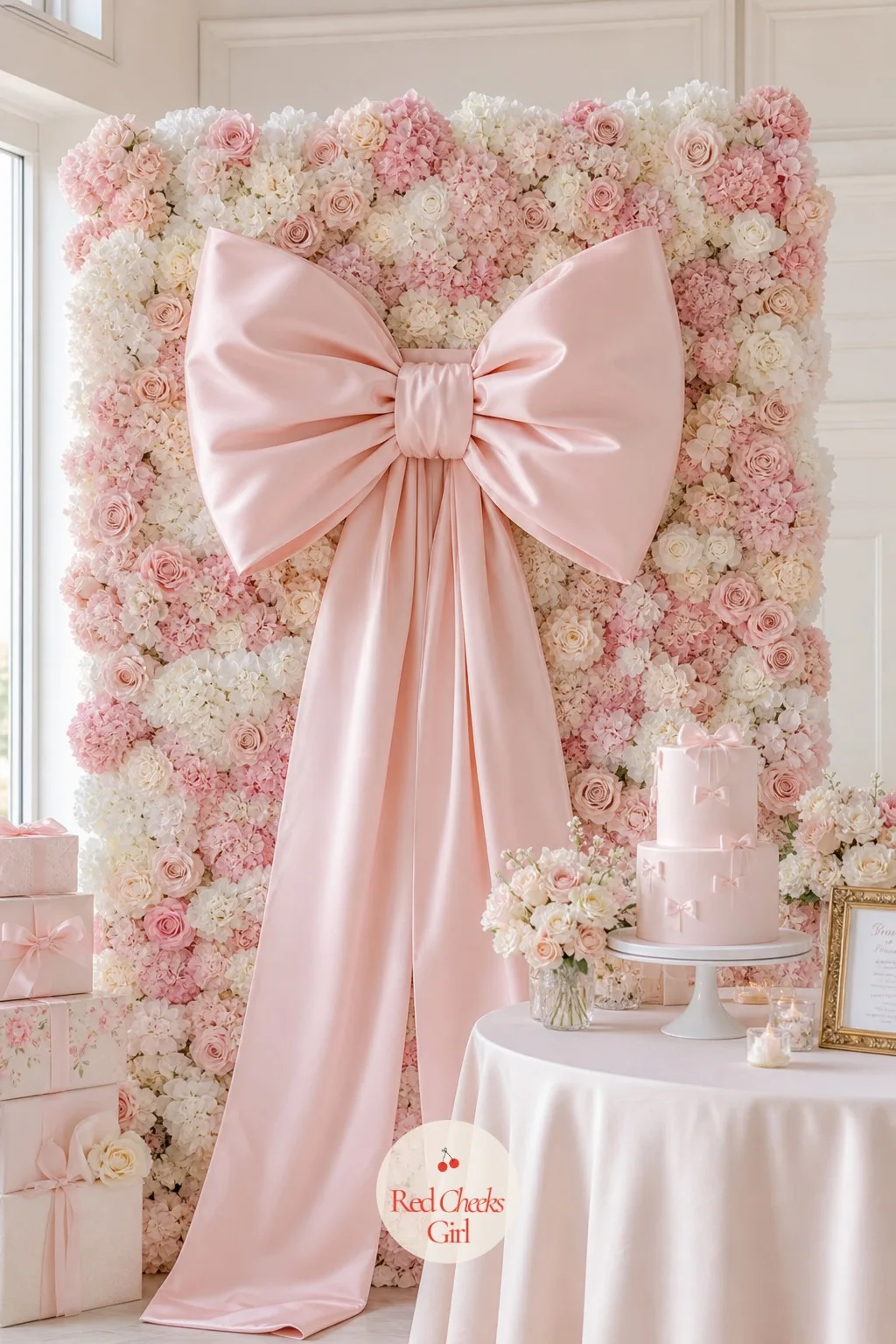 Flower Wall With an Oversized Bow — A blank wall at a rented hall or a plain living room corner needs exactly one thing to become the whole party: a flower