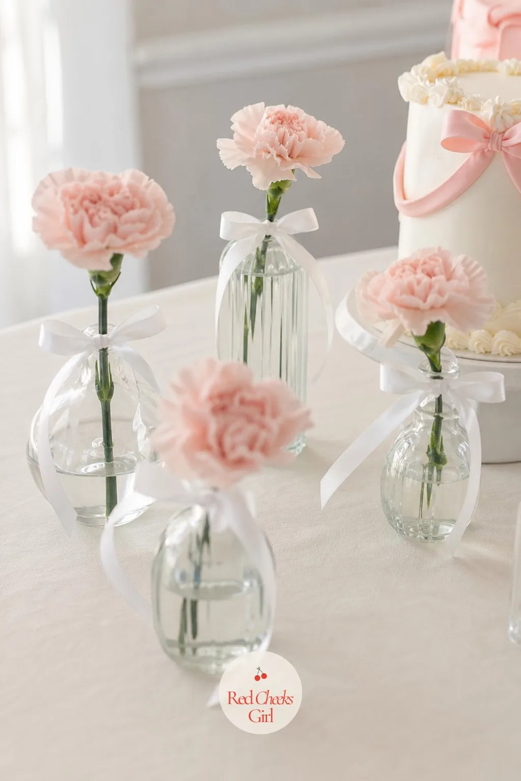 Glass Bud Vases Tied With Satin Ribbon — Small glass bud vases in two or three different heights each hold a single stem, a ranunculus or a spray rose, with a