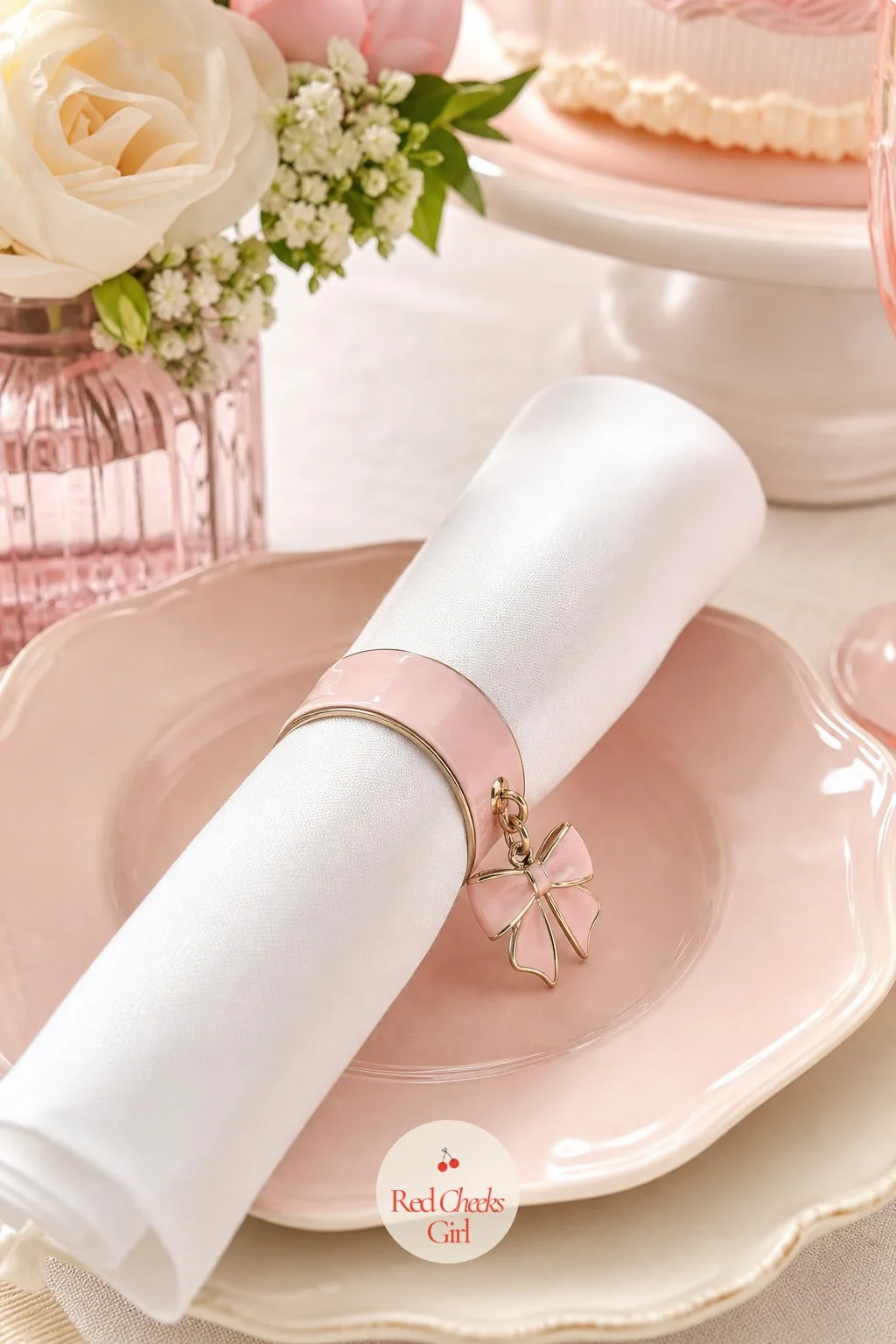 Pastel Enamel Napkin Rings With a Bow Charm — A simple enamel ring in pale pink or white holds a rolled napkin at each place, with a tiny bow charm or a pastel