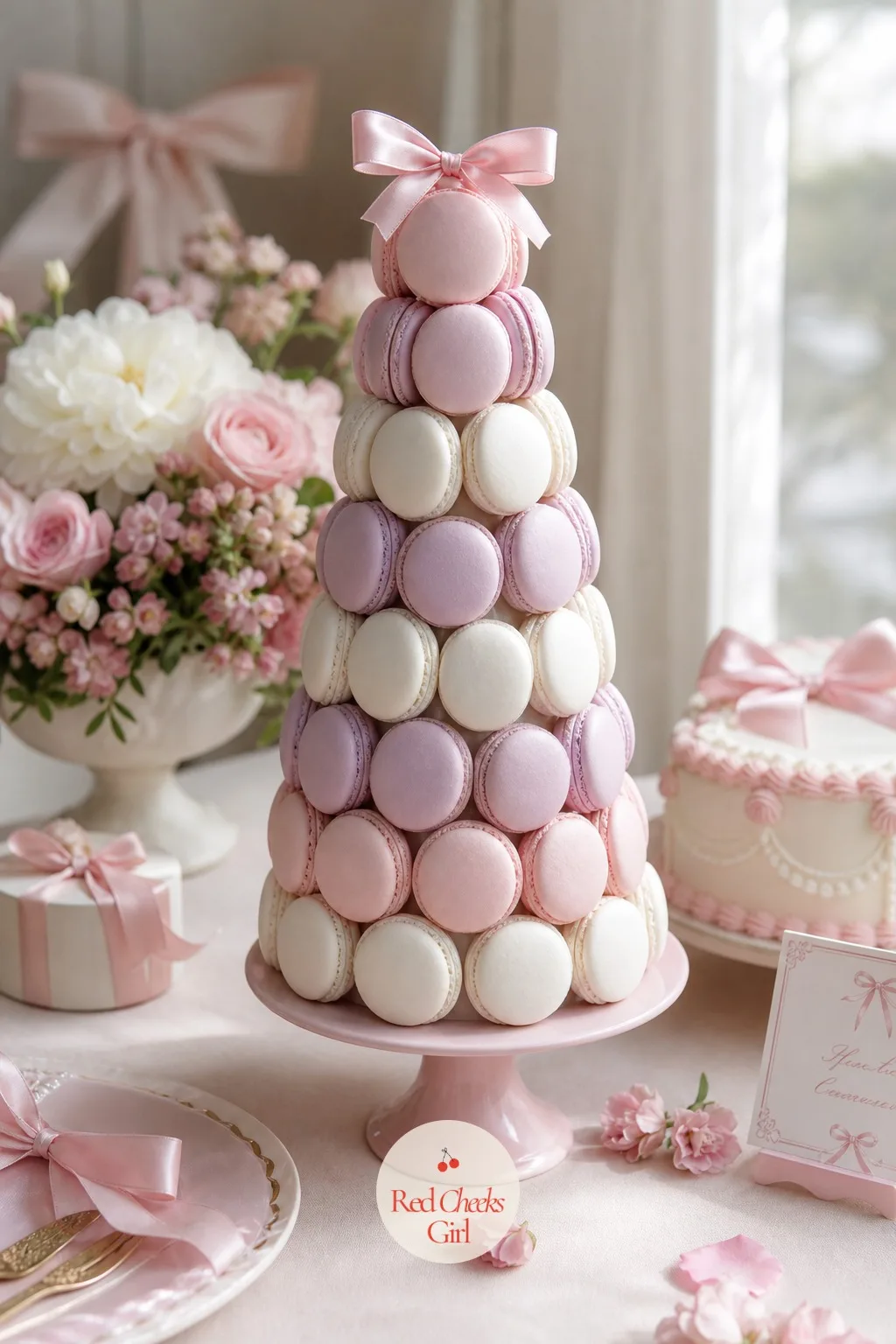 Pastel Macaron Tower — A cone shaped macaron stand holds rows of macarons in blush pink, white and the palest lilac, built from the bottom up in widening
