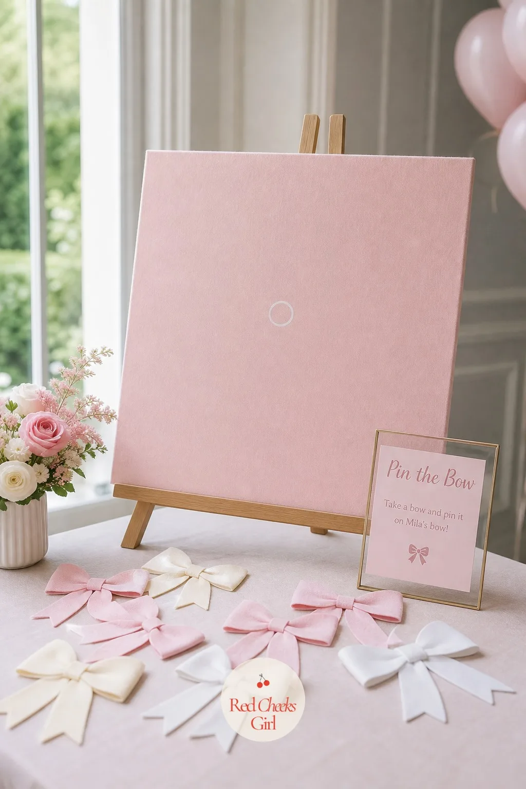 Pin the Bow Game — A large felt board, pale pink with a small marked circle at its centre, leans against a wall or easel, with a handful of felt bow cutouts