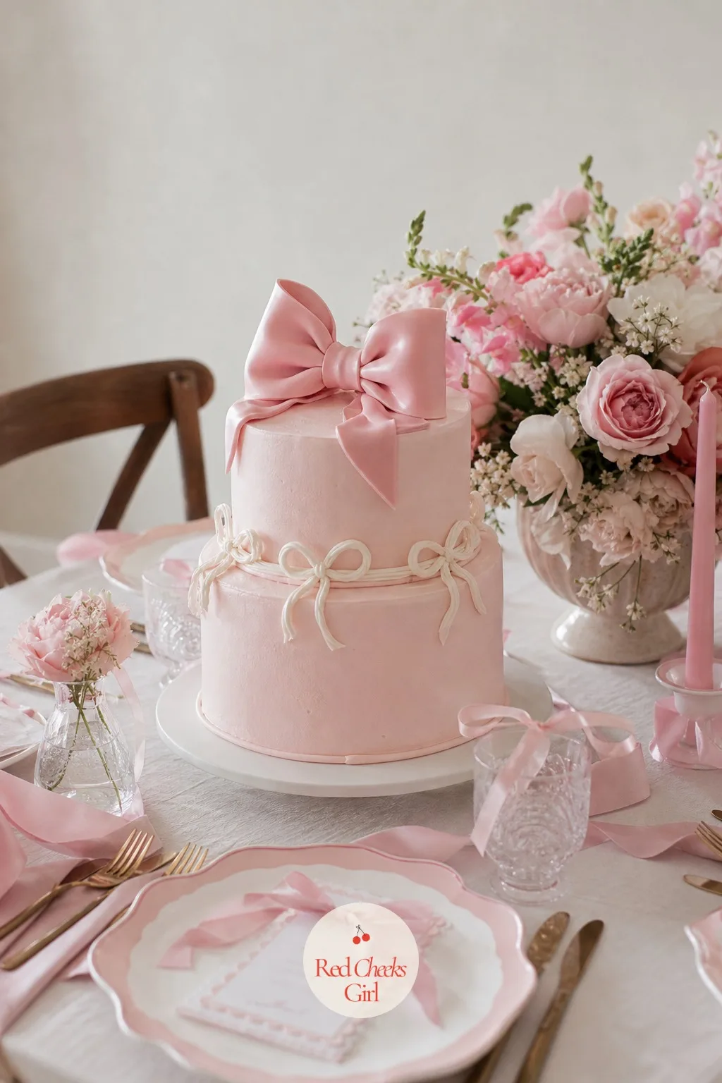 Pink Bow Cake — Two or three tiers of pink buttercream, stacked on hidden dowels for support, carry piped satin style bows up one side where the tiers meet