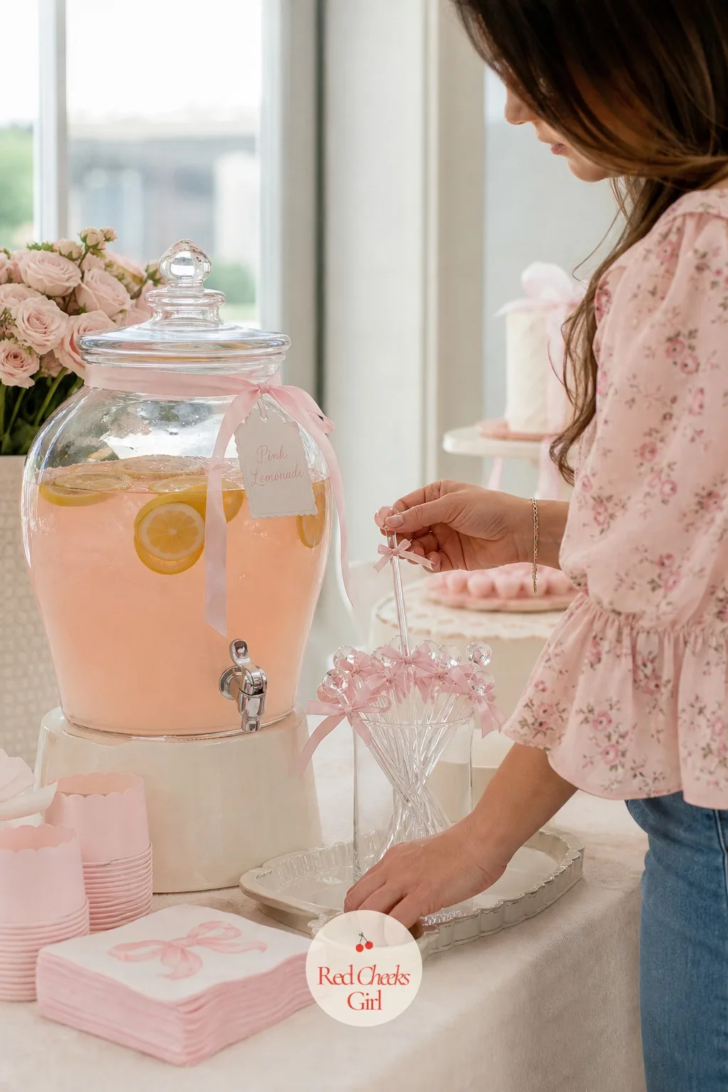 Pink Lemonade Station With Ribbon Tied Stirrers — A glass beverage dispenser holds pale pink lemonade, lemon wheels floating near the tap, with a small tray of