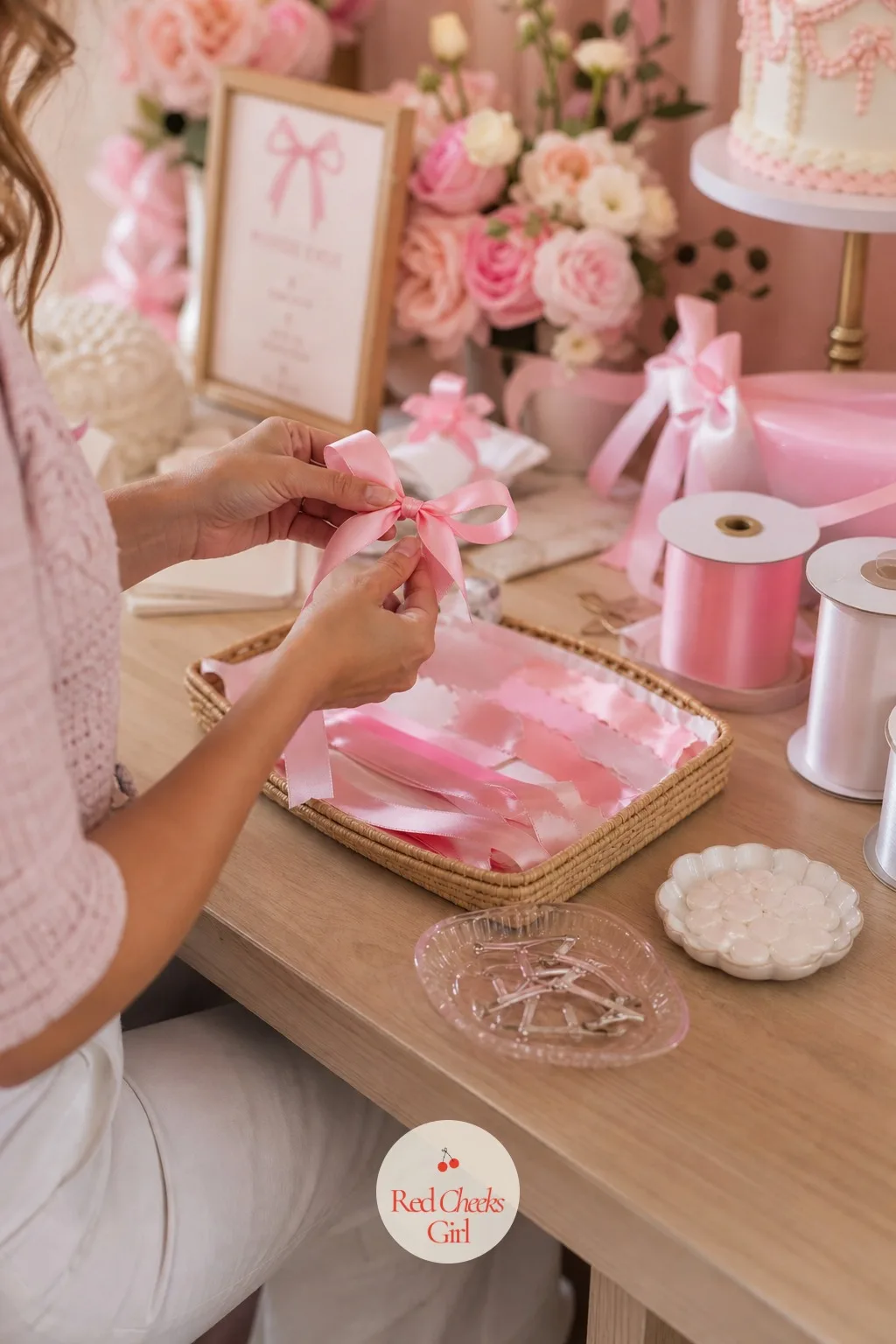 Ribbon Bow Making Craft Station — A small table holds spools of ribbon in every pastel shade of the party, pre cut lengths laid out in a shallow tray, a