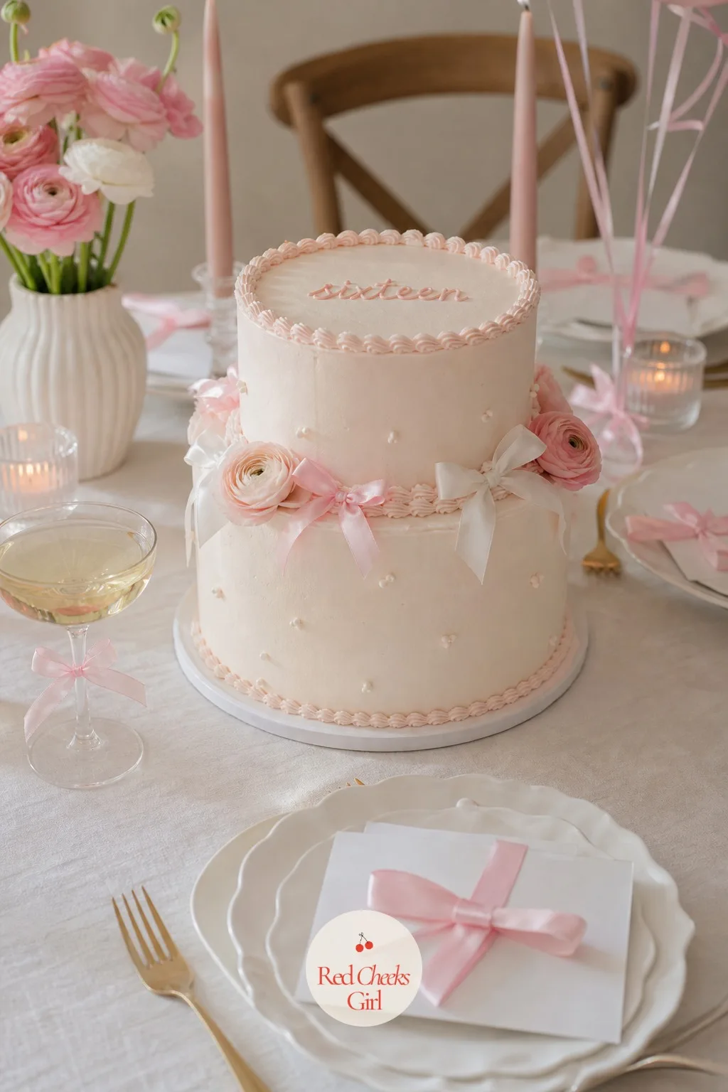 Ribbon Bows Tucked Into the Cake Tiers — Real fabric bows, small and hand tied from narrow satin ribbon, get nestled directly into the gap where one tier meets