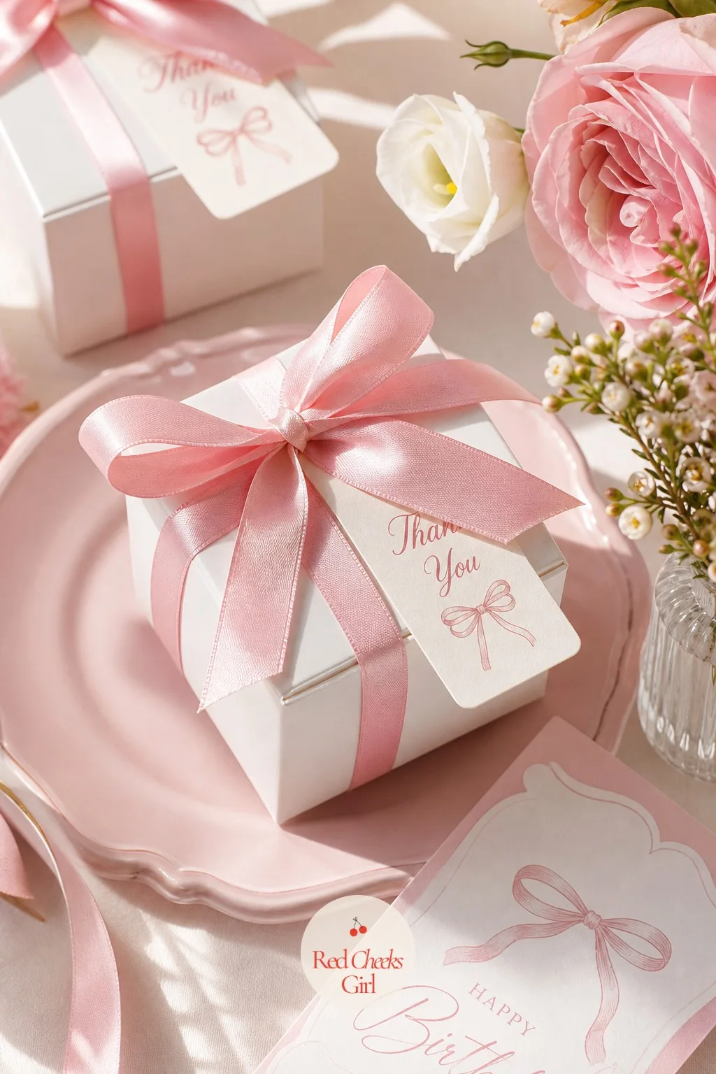 Ribbon Tied Favor Boxes — A small white or pale pink box holds two or three mini macarons or iced cookies, the lid held shut not with tape but with a length of