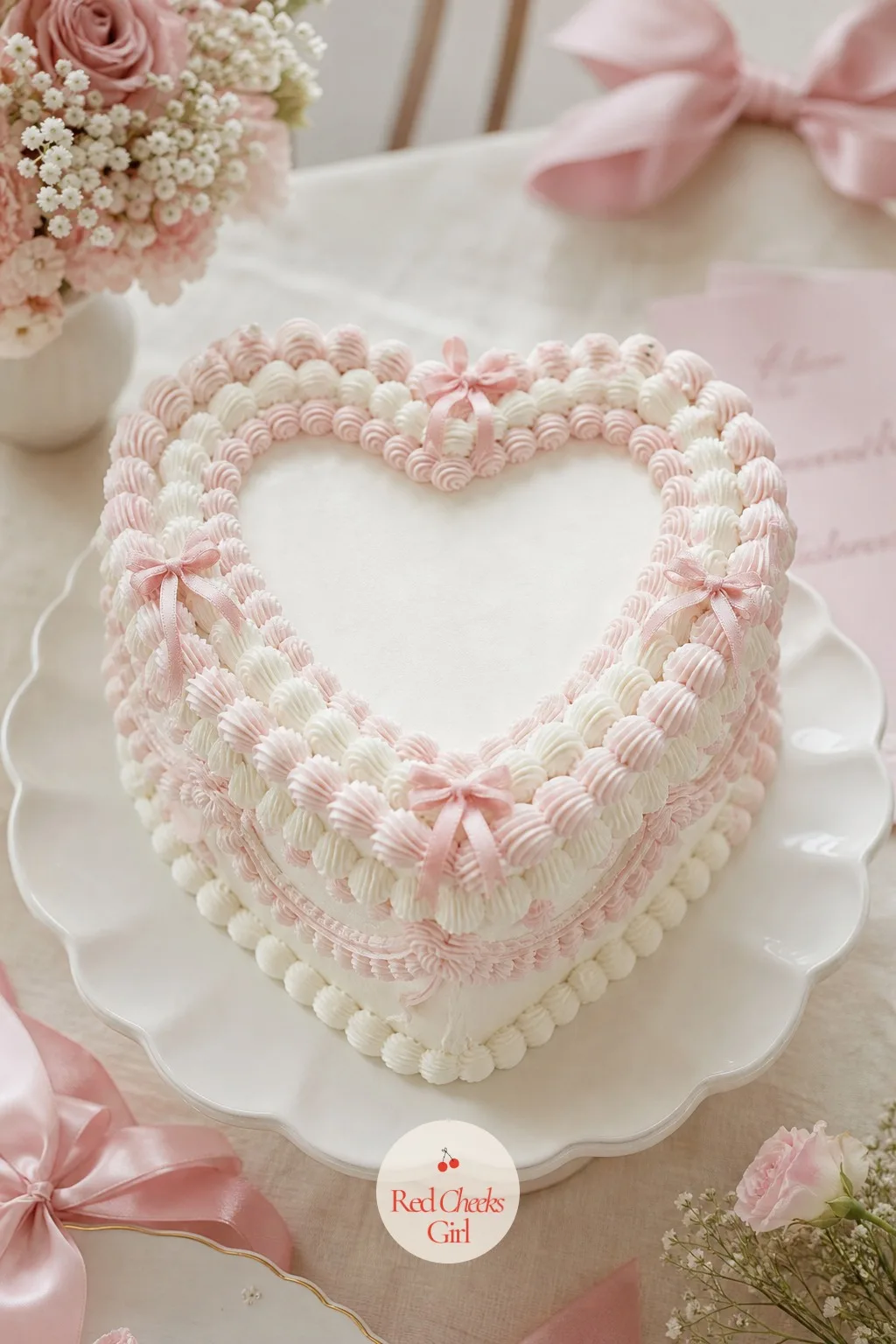 Vintage Heart Cake With Lambeth Piping and Bows — Baked in a heart shaped pan, the cake wears old fashioned Lambeth piping: layered white and pale pink shells