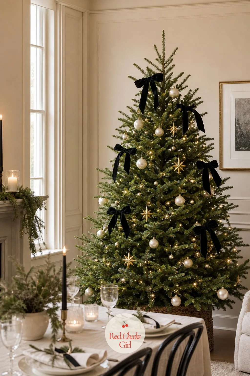 The Black Velvet Bow Tree in a Cream Room — Against cream walls, black velvet bows stop reading as goth and start reading as editorial. Bow christmas tree