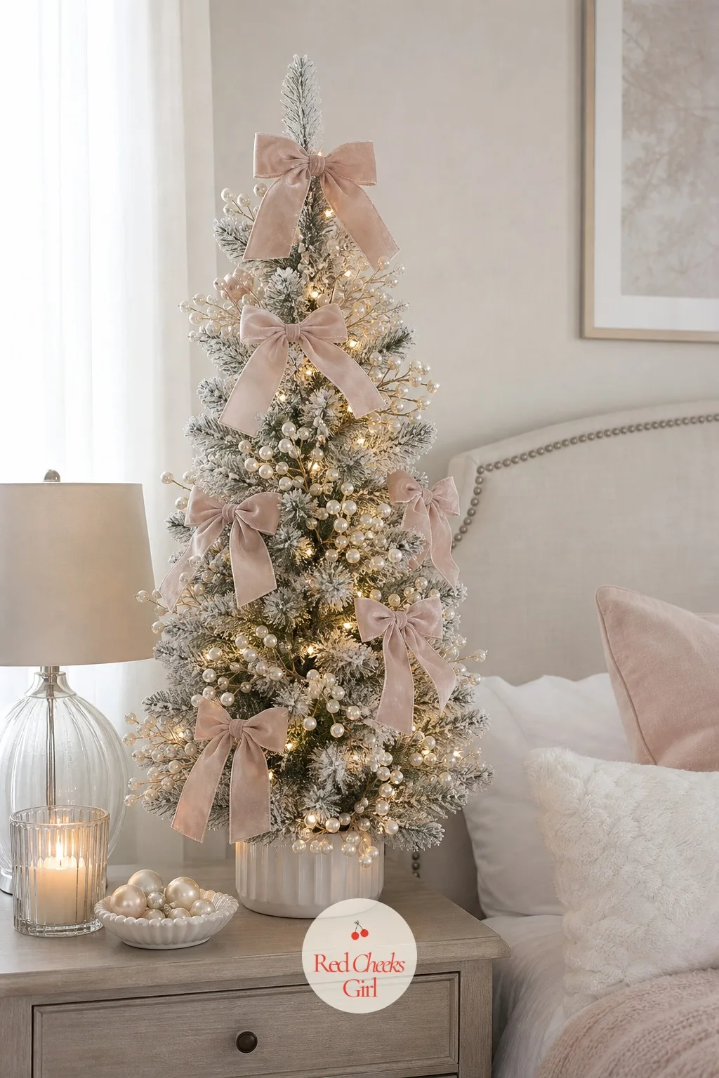The Blush Pearl Tabletop Tree — For a nightstand or a narrow bathroom counter, this little artificial tree gives the whole trend in miniature. Bow christmas