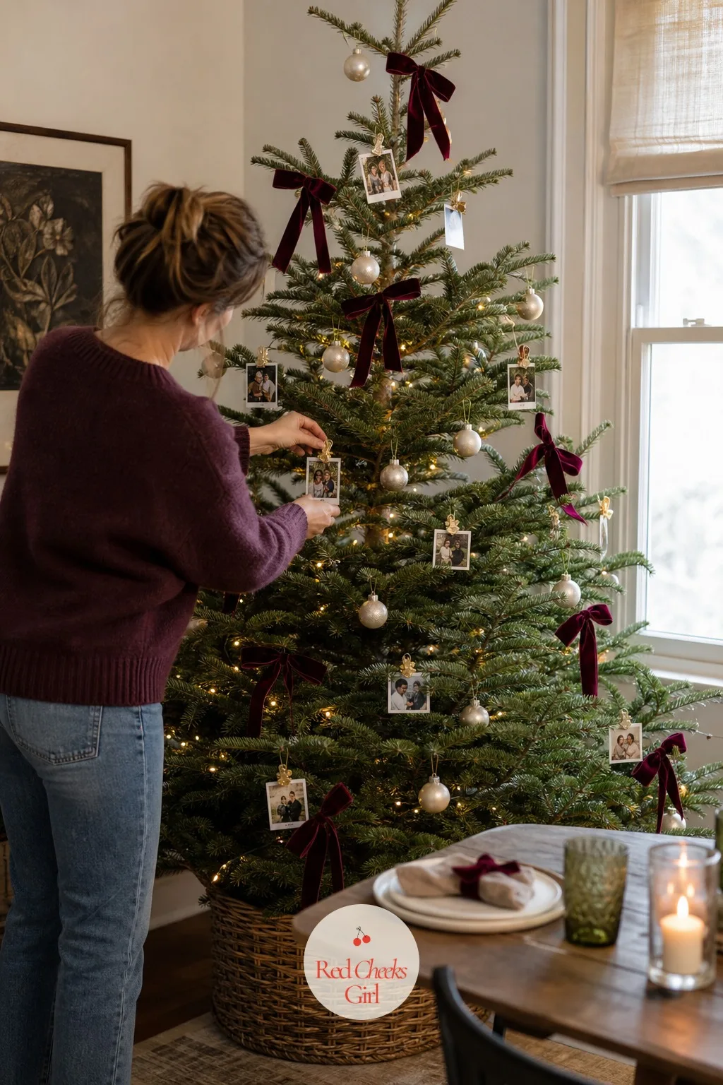 The Burgundy Tree With Clipped Family Photos — This is the tree people actually stand in front of for ten minutes instead of walking past. Bow christmas tree