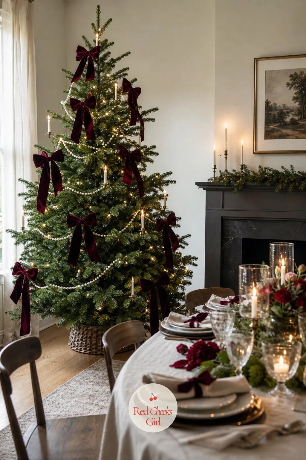 The Burgundy Velvet Tree With Candlelight — Walk into a room with this tree in it and the first thing you notice is the glow, not the ribbon. Bow christmas tree