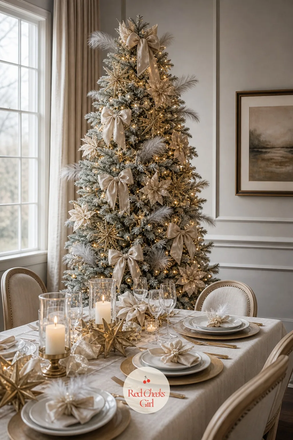 The Champagne and Dove Gray Tree — Champagne velvet reads warmer than gold and quieter than white, which is exactly why it works so well on a pre-lit tree that