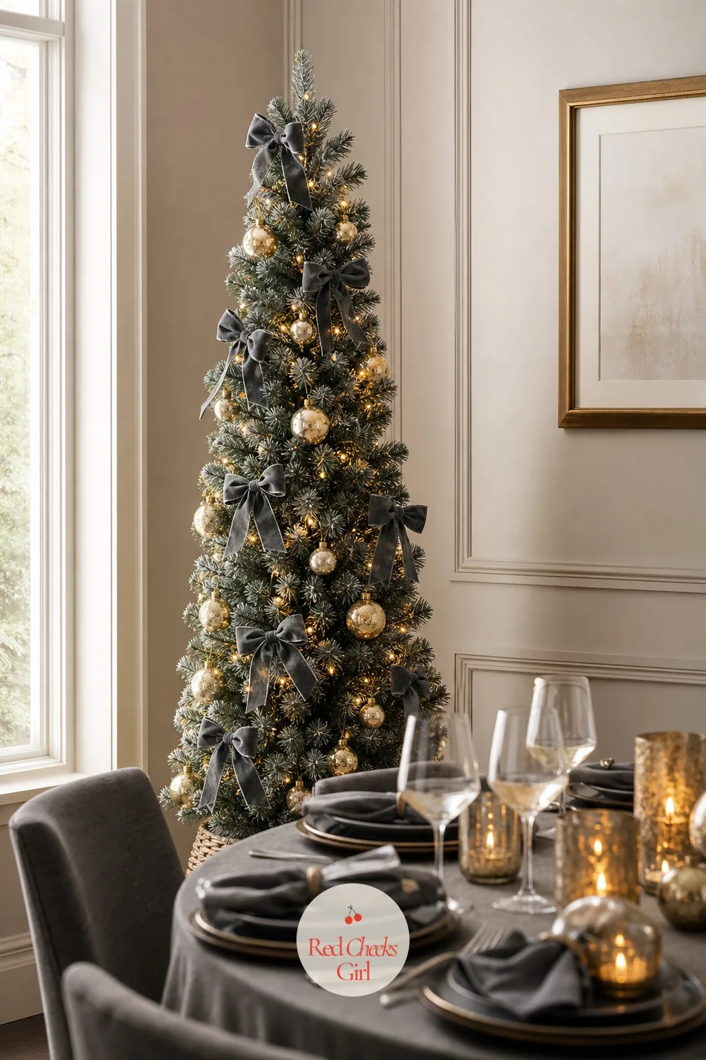 The Charcoal and Gold Pencil Tree — A slim pencil tree already solves the corner problem, and charcoal velvet bows keep it from looking like an afterthought.