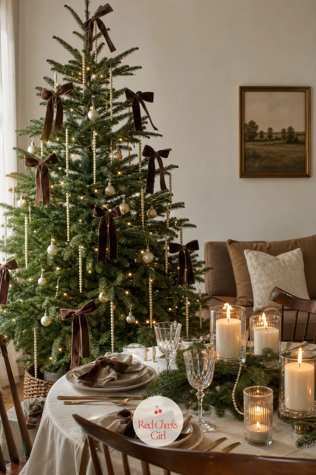 The Chocolate Brown Tree With Pearl Icicles — Brown sounds plain until it sits next to pearls, and then it reads as the warmest, most expensive-looking tree in