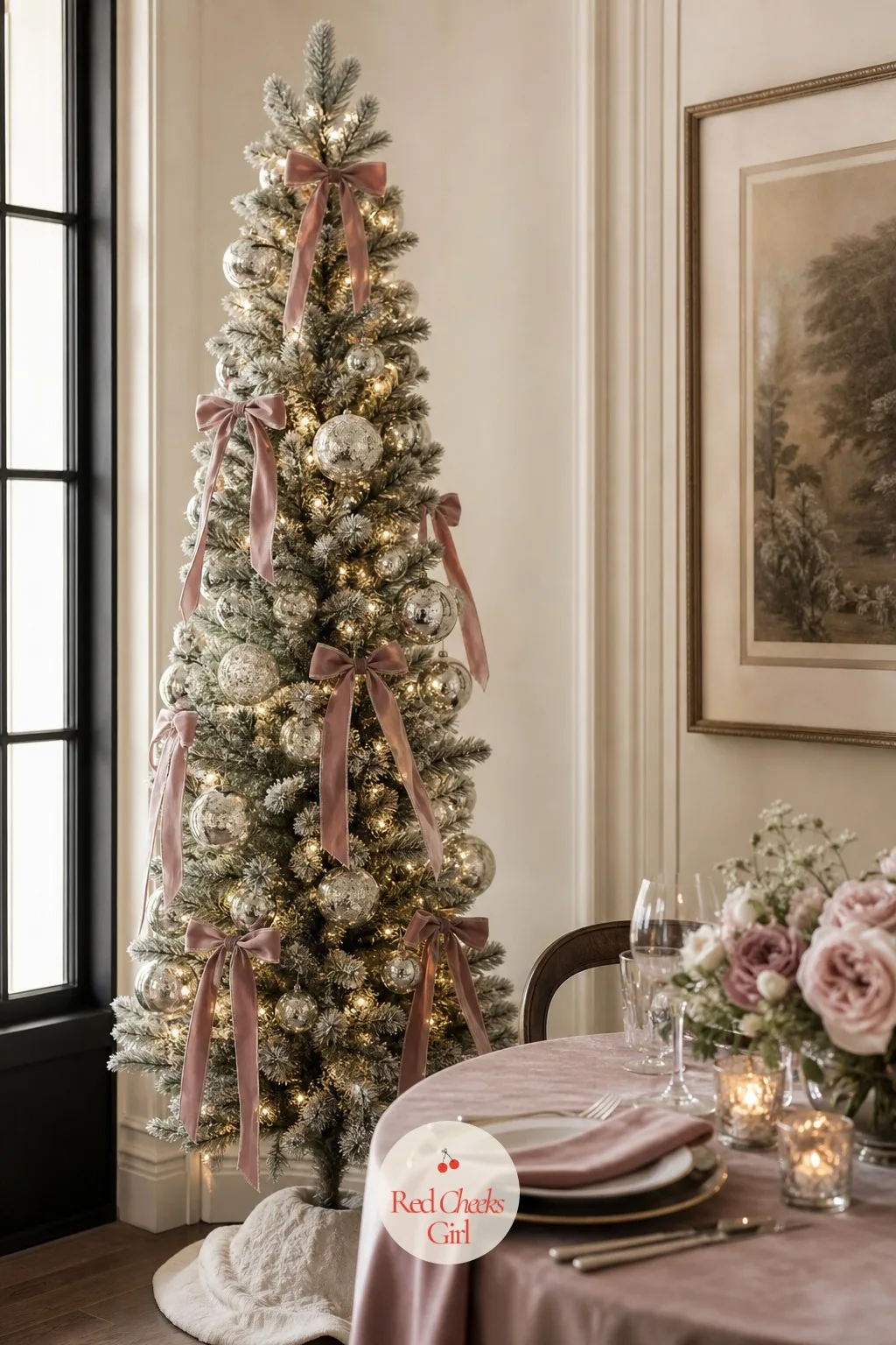 The Dusty Rose and Mercury Glass Tree — Dusty rose sits further from pink and closer to clay, which is what keeps this one from feeling like a leftover