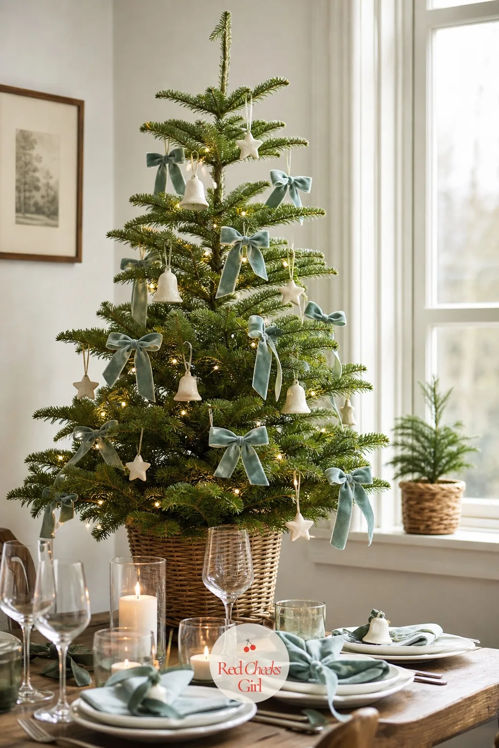 The Dusty Teal Ceramic Bell Tree — Small enough for a windowsill, this one proves a tabletop tree doesn't have to default to red and gold. Bow christmas tree