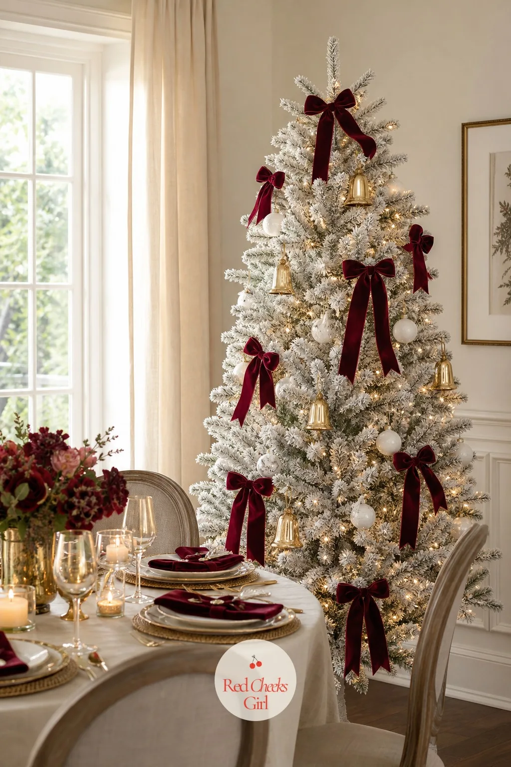 The Garnet and Gold Flocked Tree — Flocked white gives this one a head start: the tree already looks dressed before a single bow goes on. Bow christmas tree