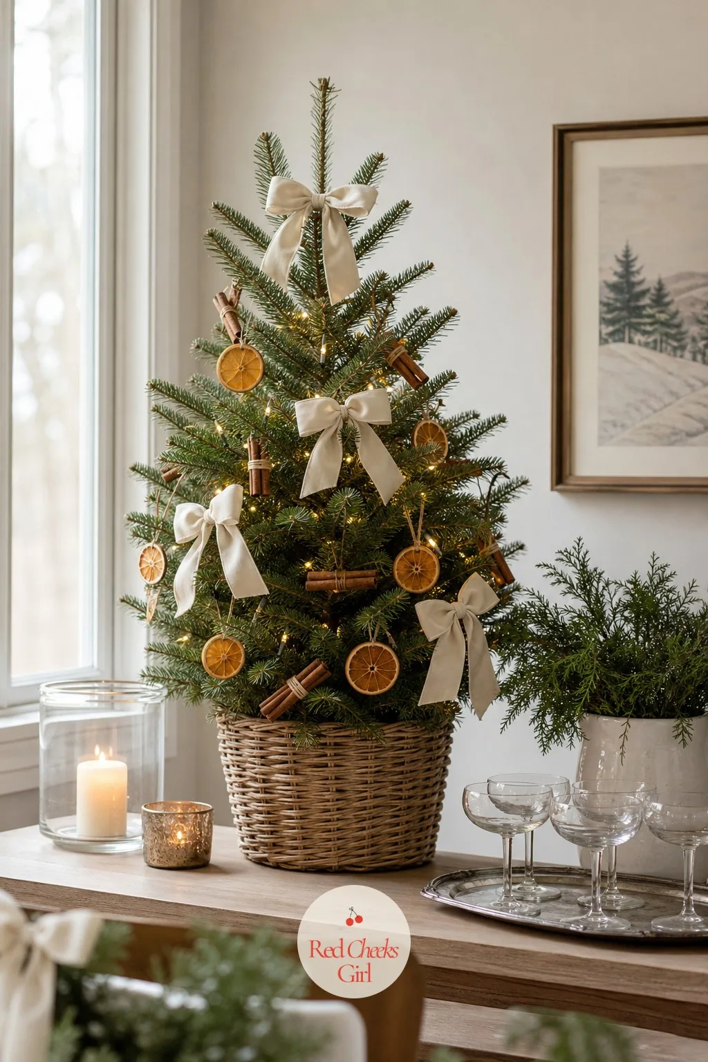 The Ivory and Dried Orange Potted Tree — A potted tree that's still growing asks for something gentler than full ornaments, and ivory velvet bows paired with