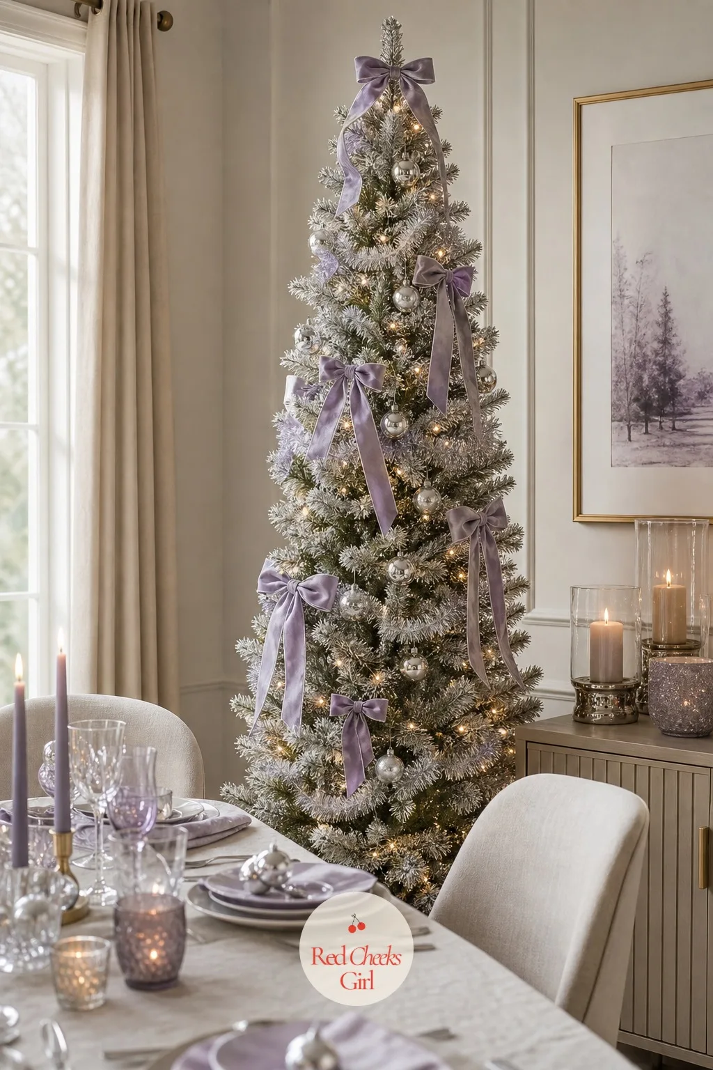 The Lavender and Silver Tinsel Tree — Lavender is the one shade on this whole list that nobody expects, and against a flocked tree it reads soft rather than