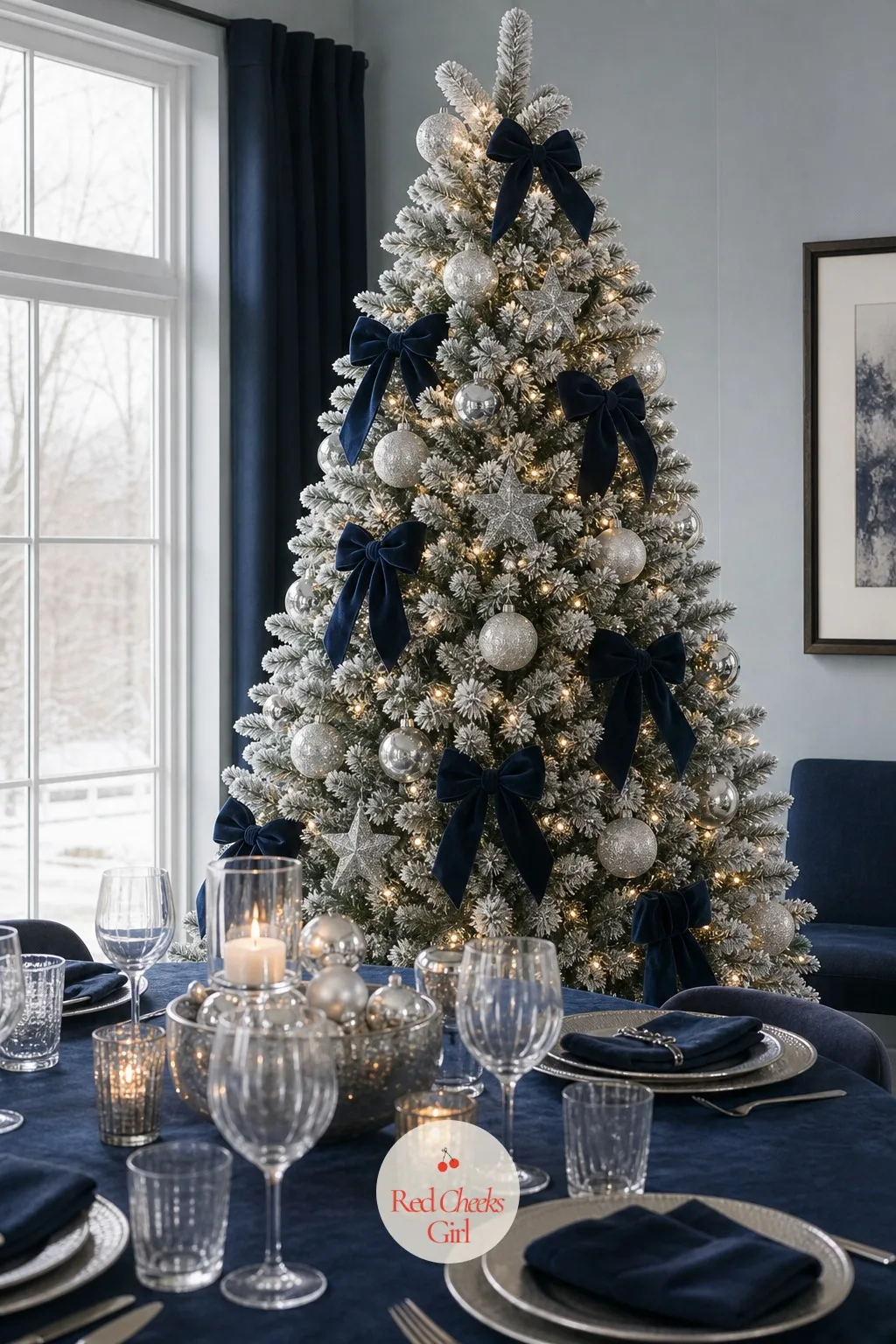 The Navy and Silver Snow Tree — Navy is the deepest color in this whole collection, and it makes the silver on this tree look like actual frost rather than