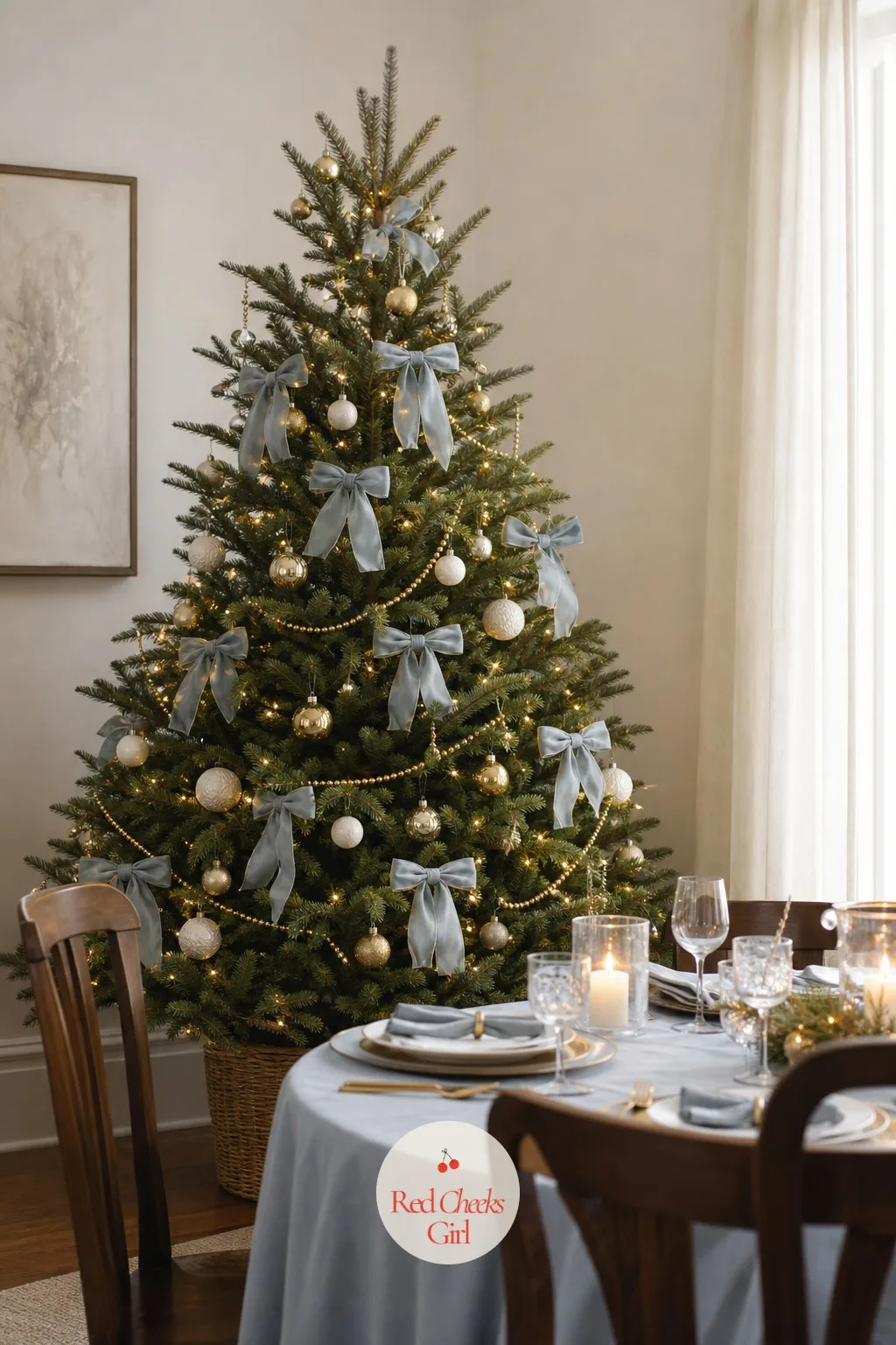 The Powder Blue Tree With Gold and White — Powder blue on a green tree reads as wintry rather than babyish the moment gold shows up next to it. Bow christmas