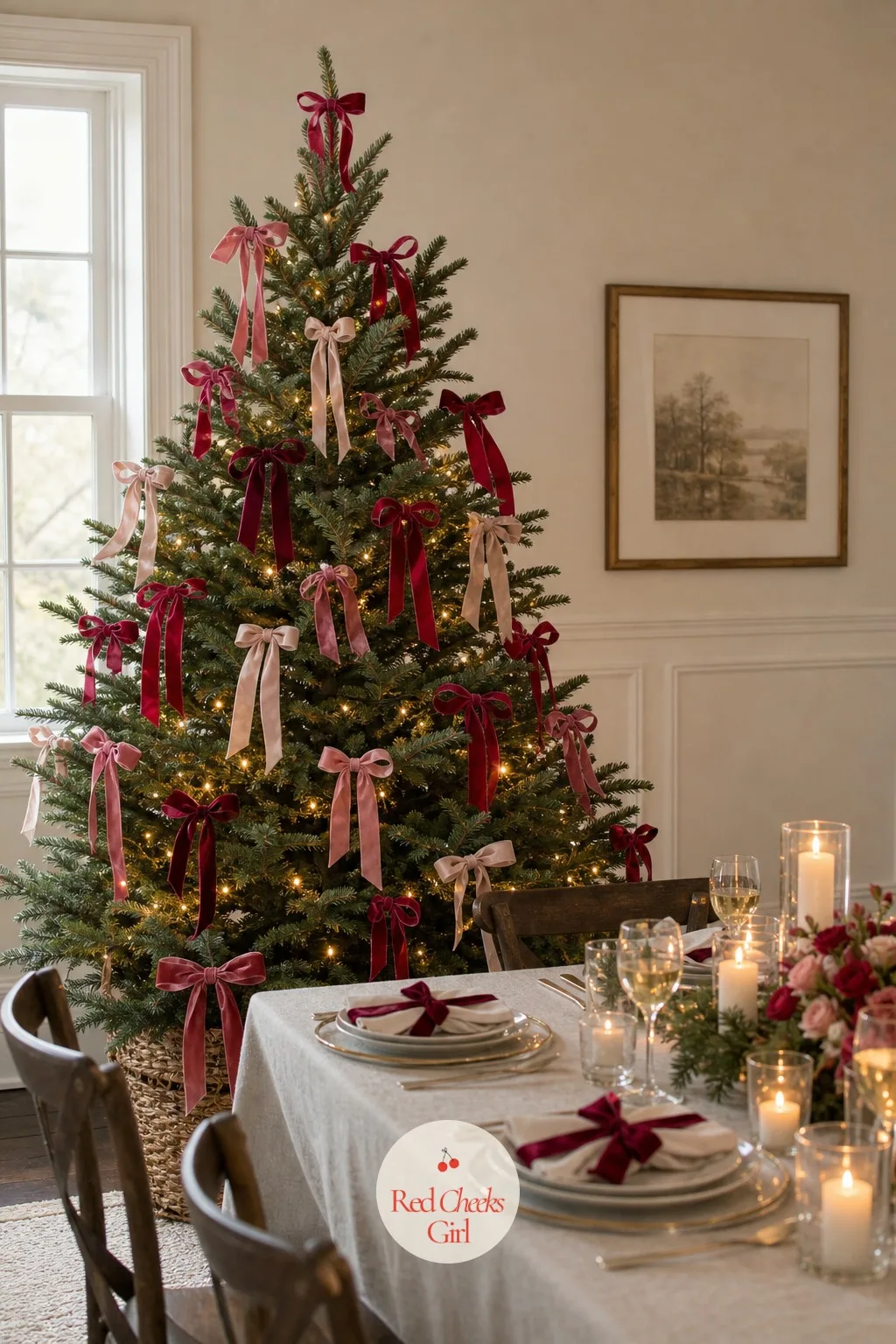 The Raspberry, Blush and Cherry Ribbon Tree — One pink ribbon on a tree looks like an accent. Bow christmas tree