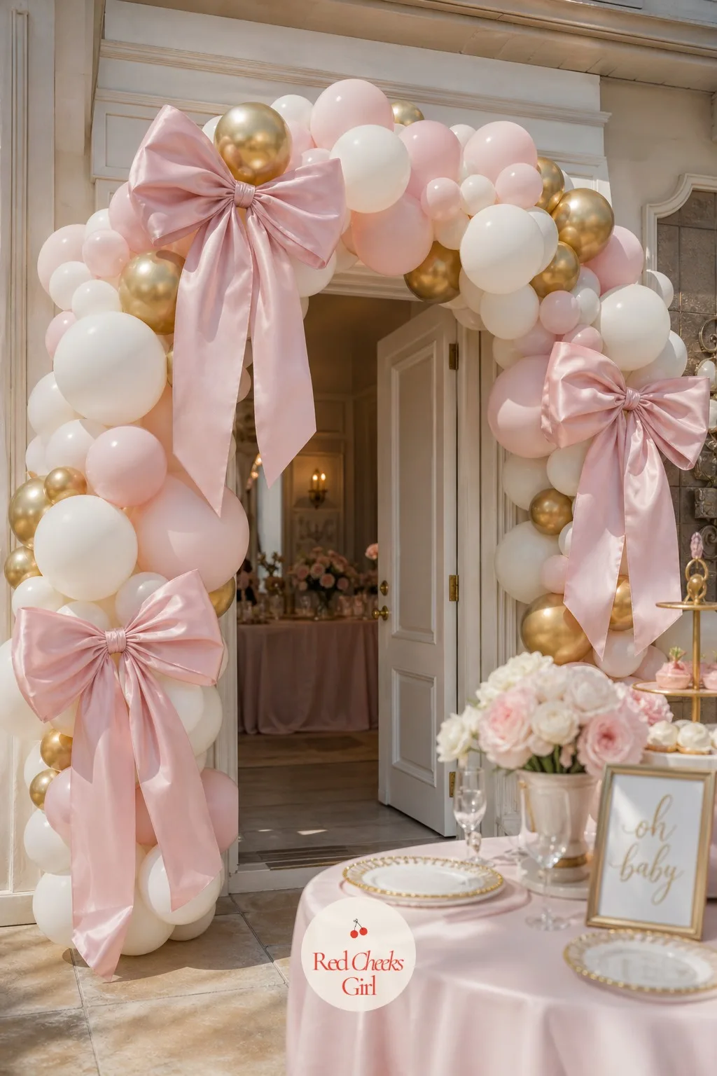 Balloon Arch Tied with Jumbo Bows — An arch of plain balloons looks like a party supply store had a moment. Bow theme baby shower ideas