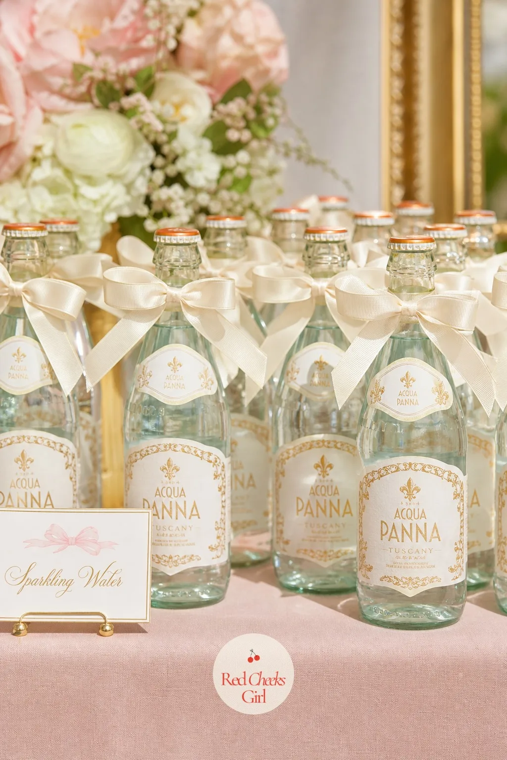 Bottled Sparkling Water Favors — A drinks table full of cans looks like a vending machine. Bow theme baby shower ideas